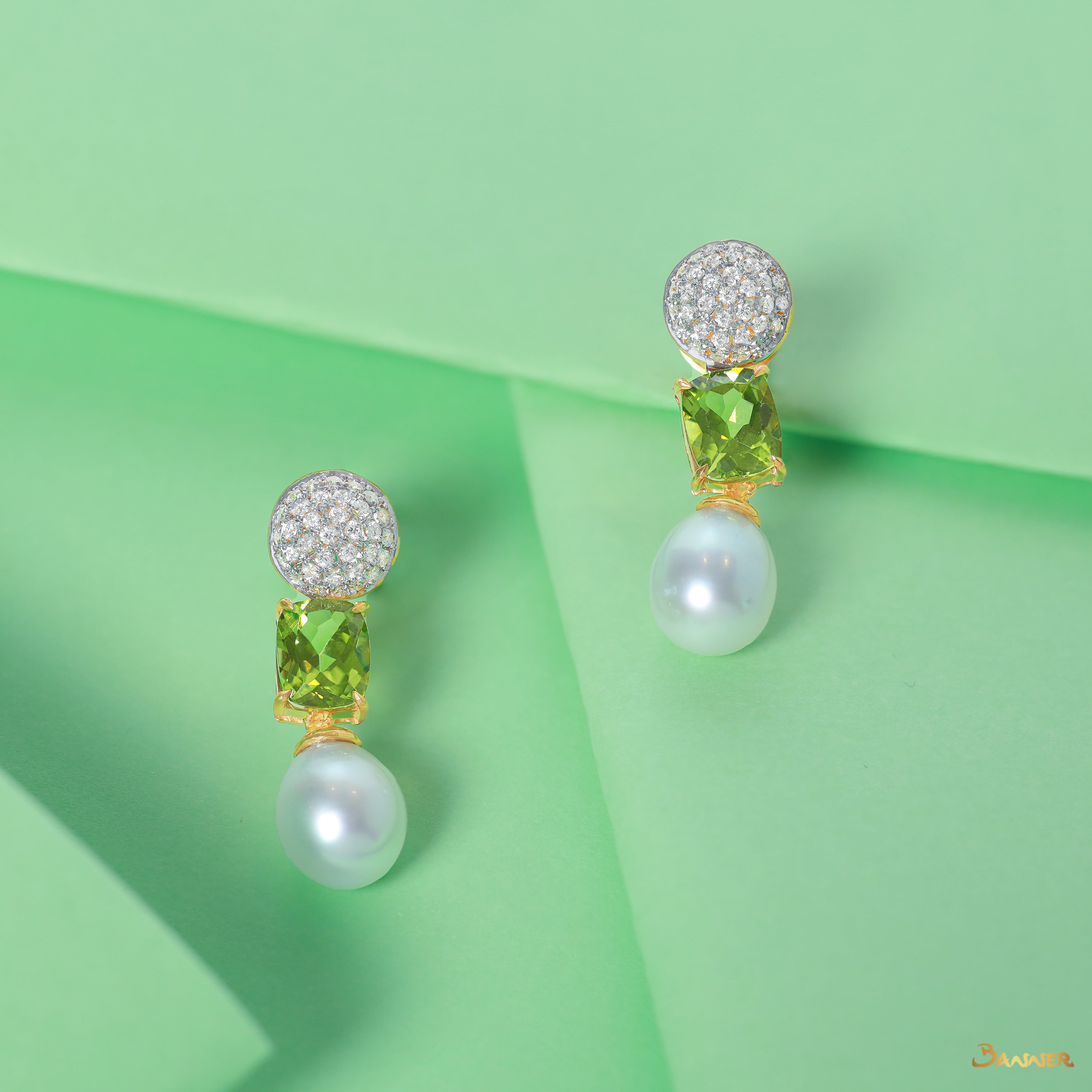 Peridot, Pearl and Diamond Dangle Earrings