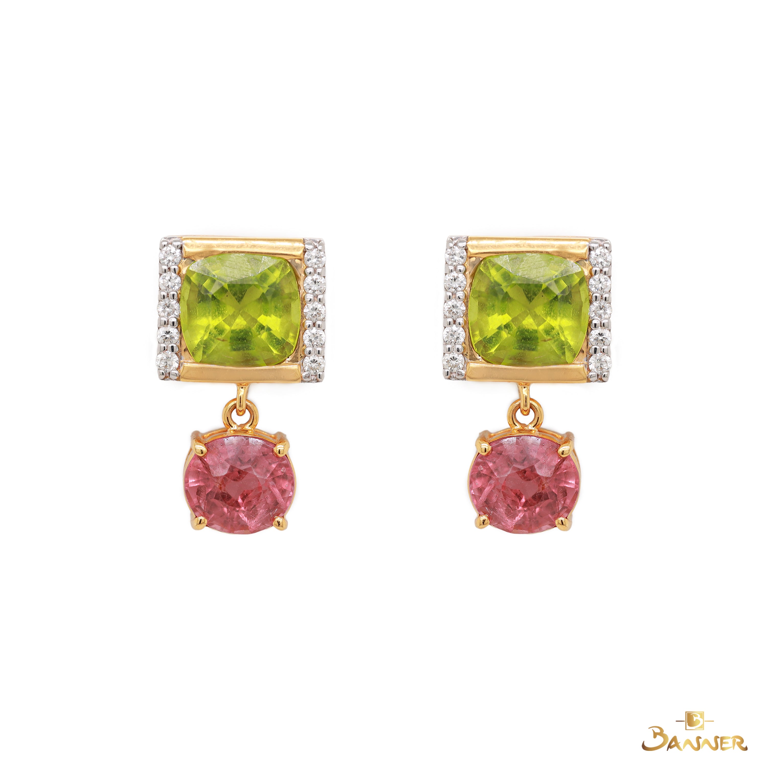 Peridot and Pink Spinel Dangle Earrings