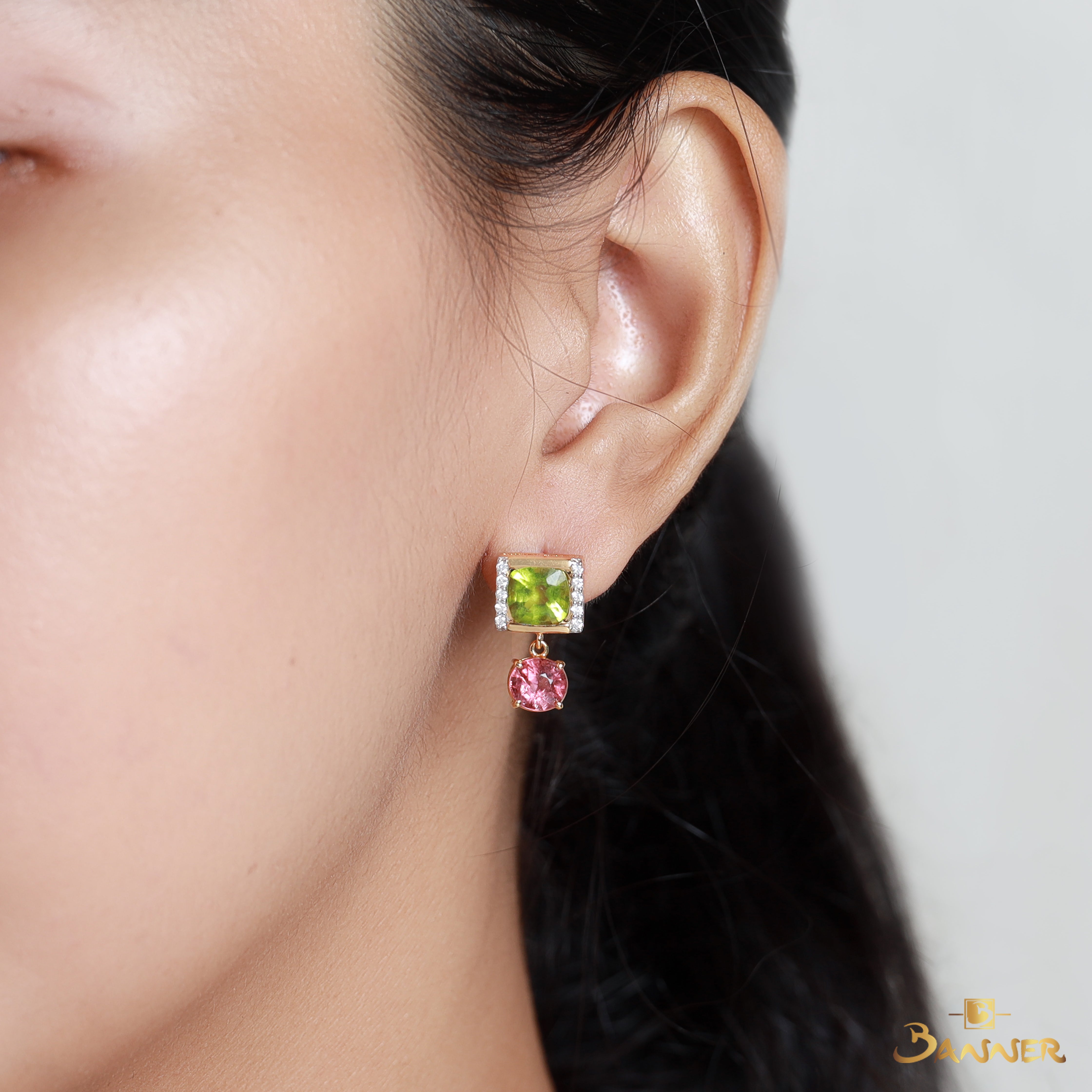 Peridot and Pink Spinel Dangle Earrings