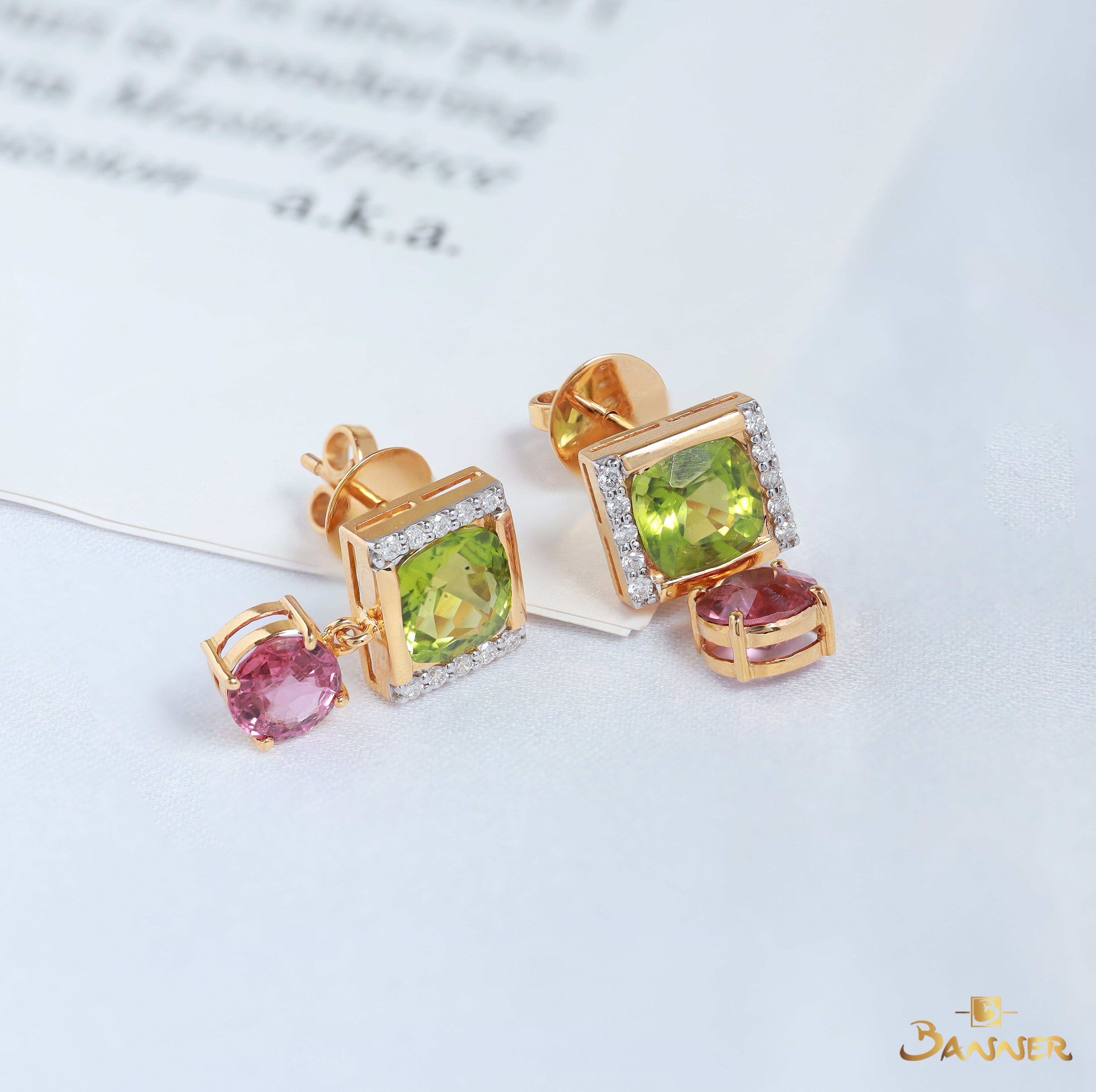 Peridot and Pink Spinel Dangle Earrings