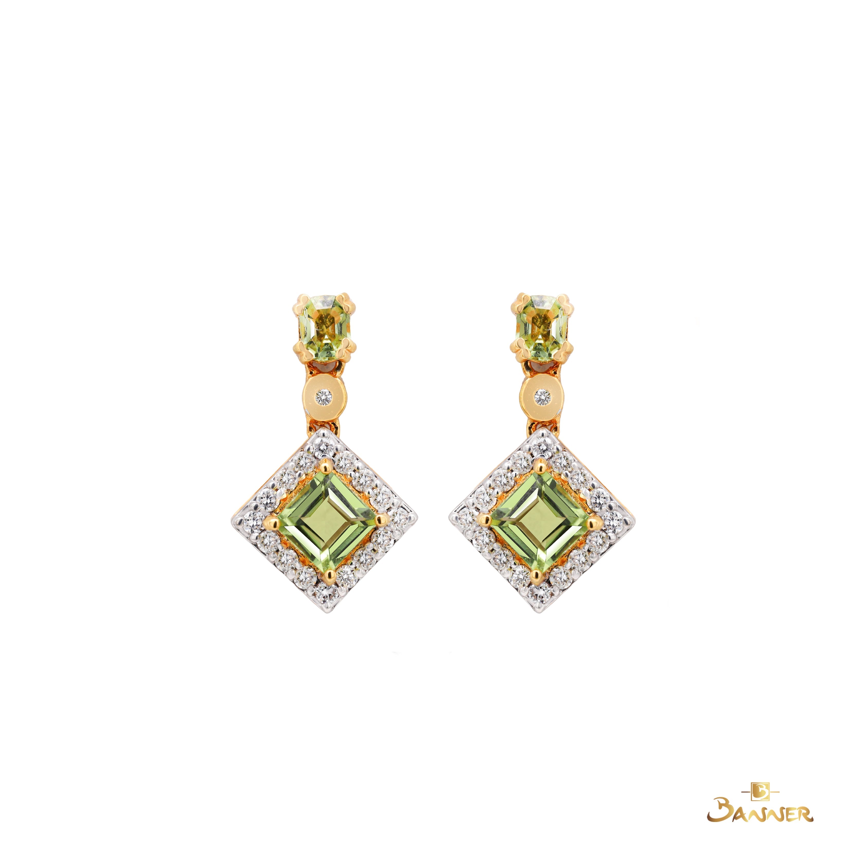 Peridot and Diamond Square Halo Dangle Earrings