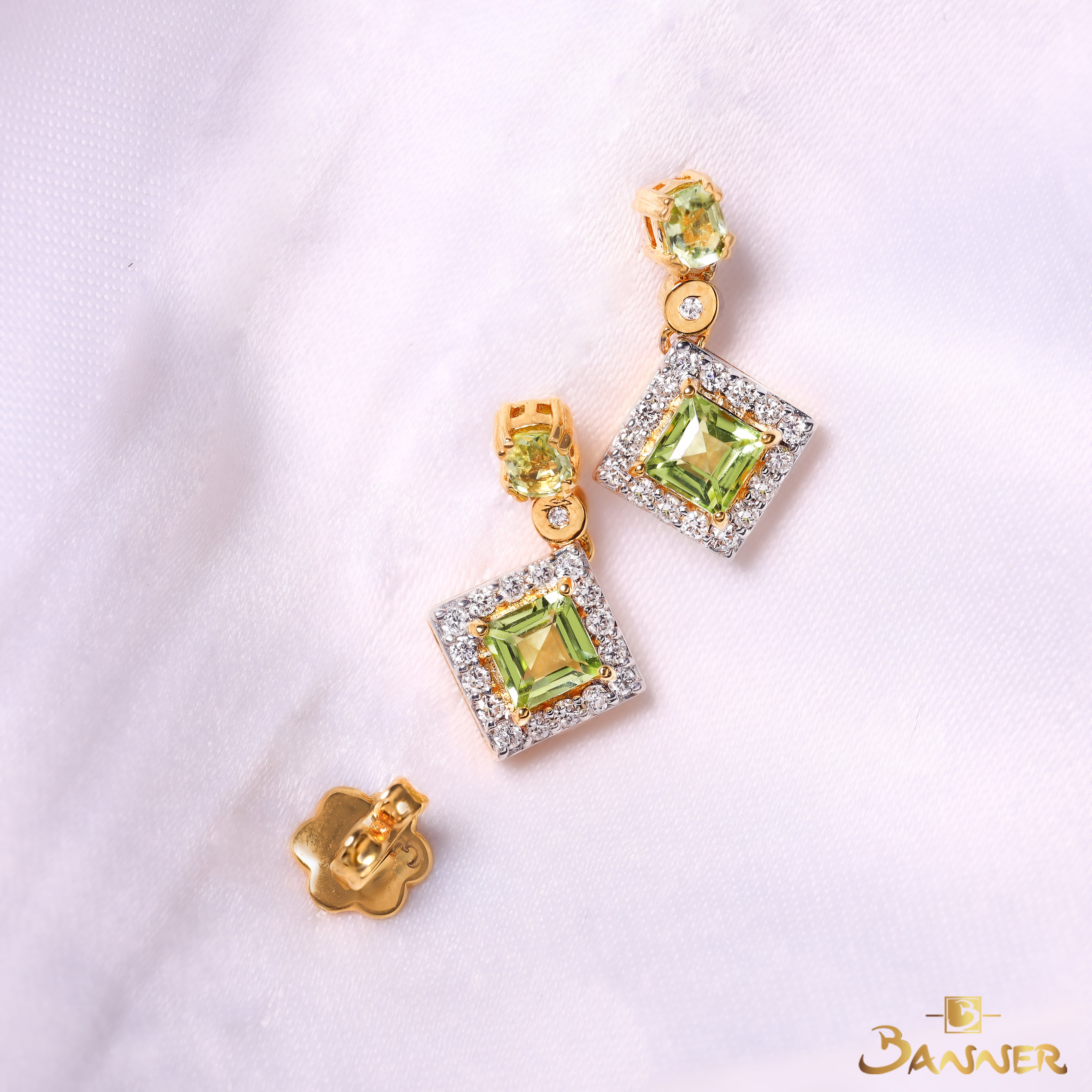 Peridot and Diamond Square Halo Dangle Earrings