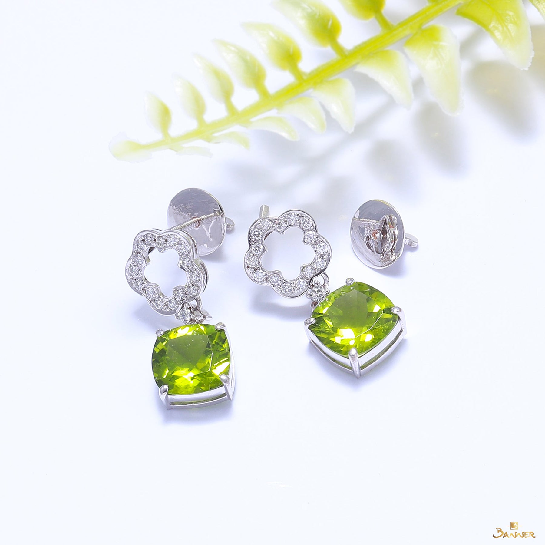 Peridot and Diamond Flower Earrings