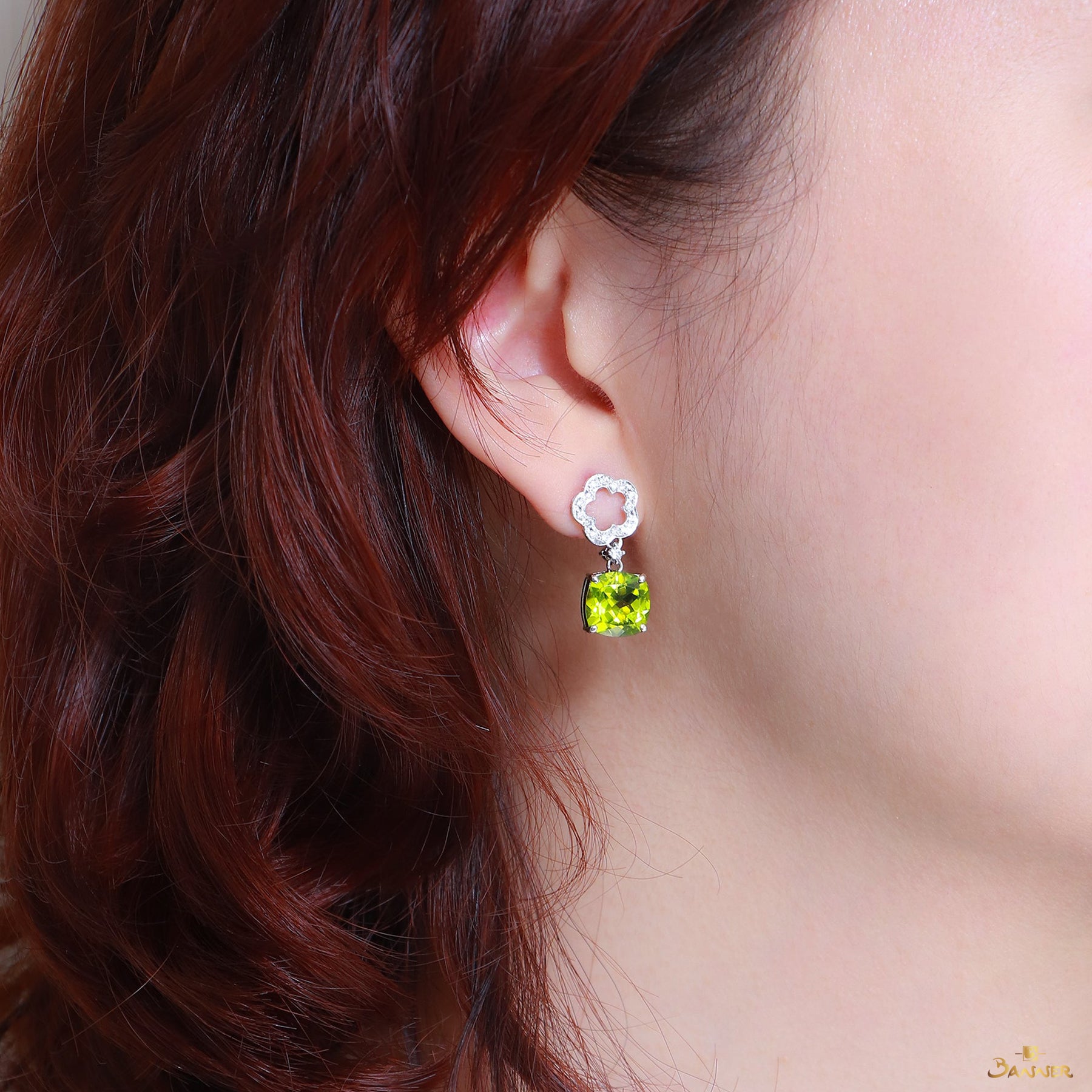 Peridot and Diamond Flower Earrings