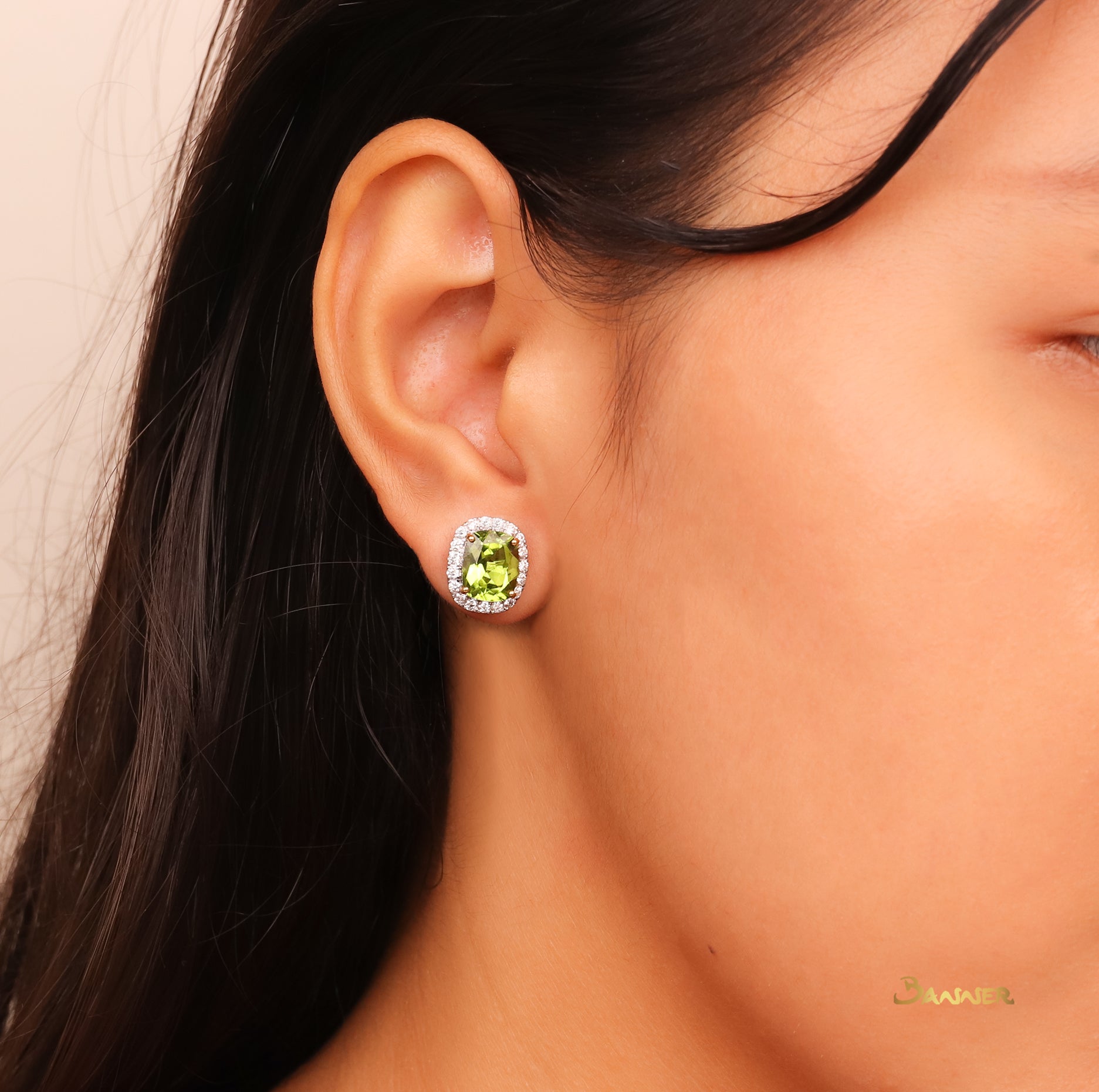 Peridot and Diamond Halo Earrings