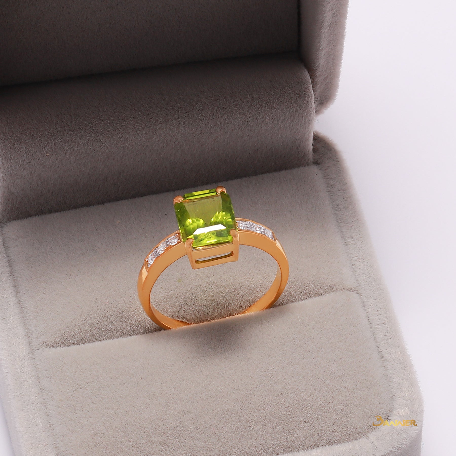 Peridot Emerald Cut and Diamond Ring