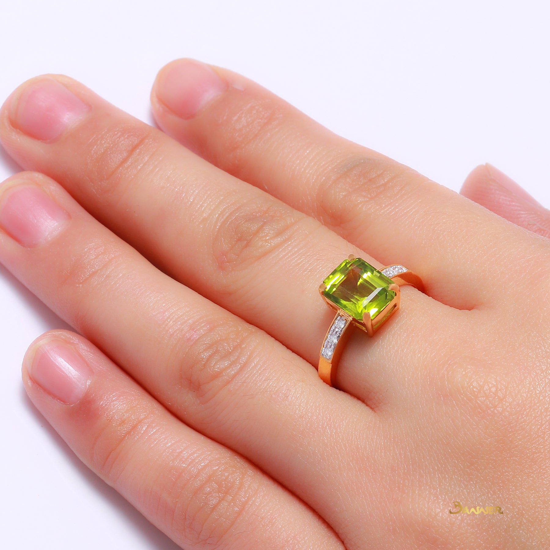 Peridot Emerald Cut and Diamond Ring