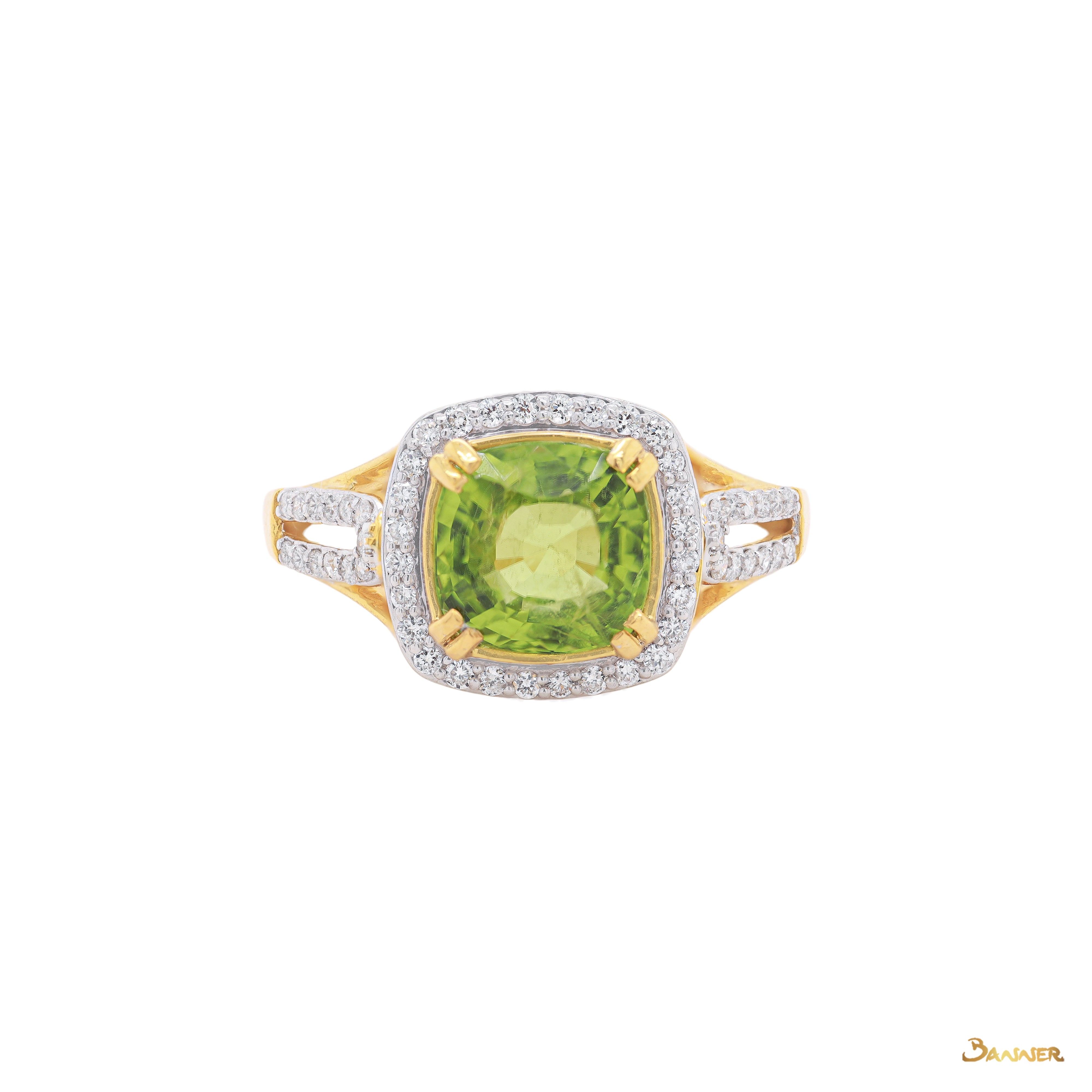 Peridot and Diamond Square Halo Ring