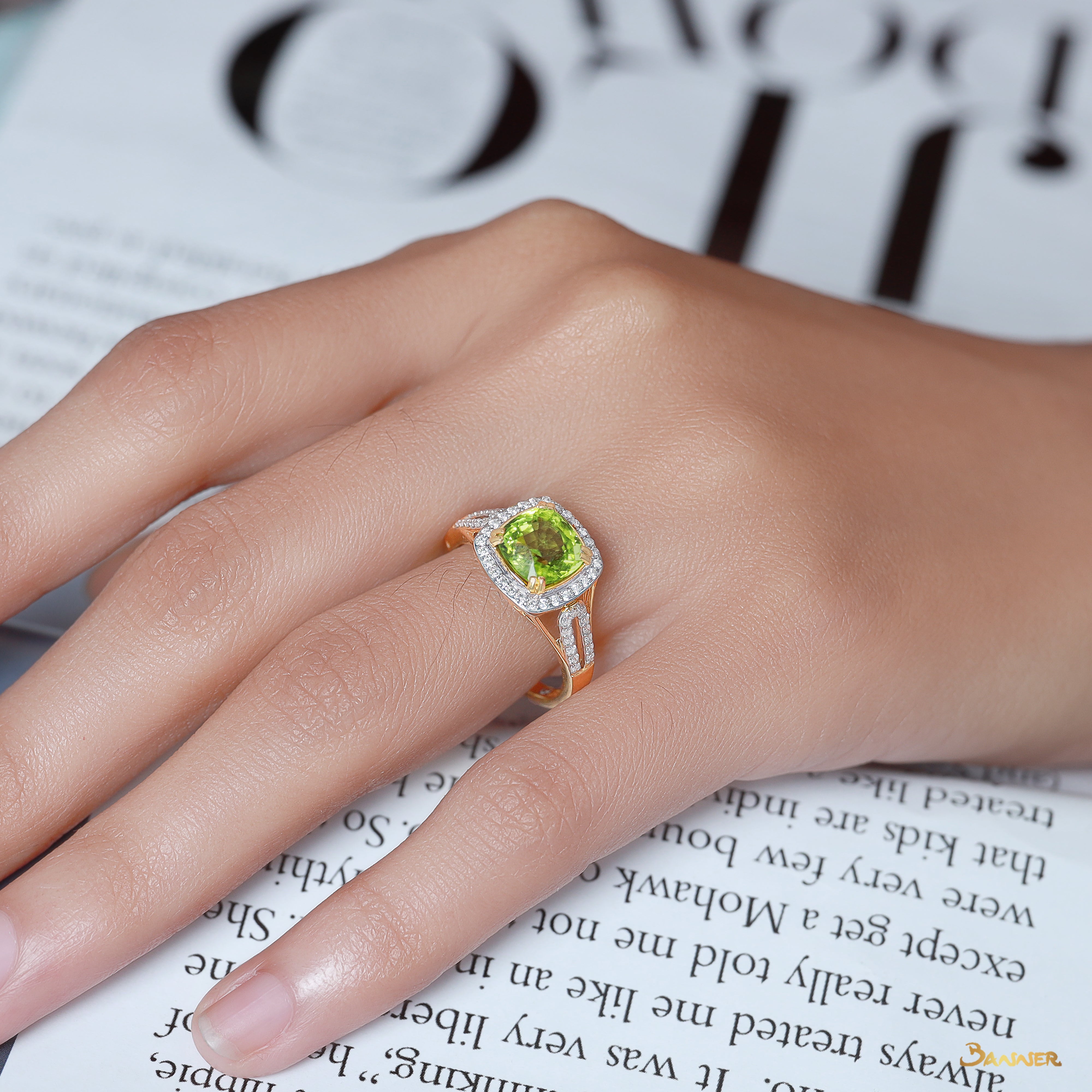 Peridot and Diamond Square Halo Ring