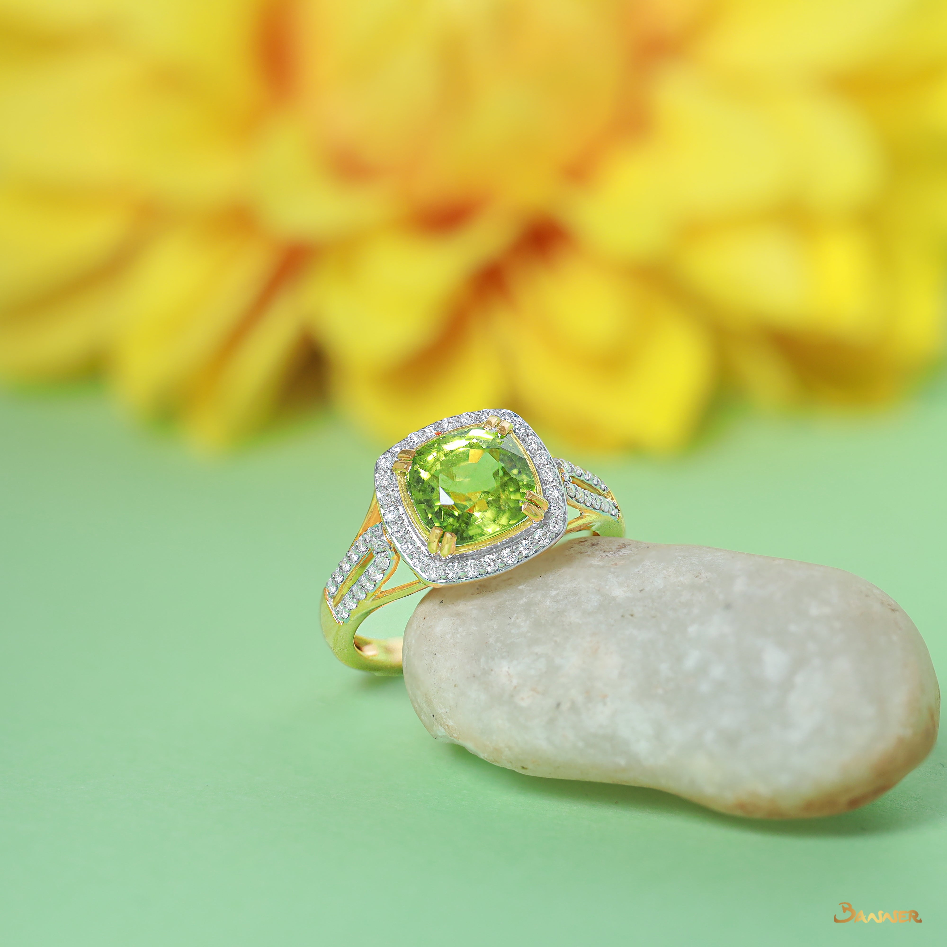 Peridot and Diamond Square Halo Ring