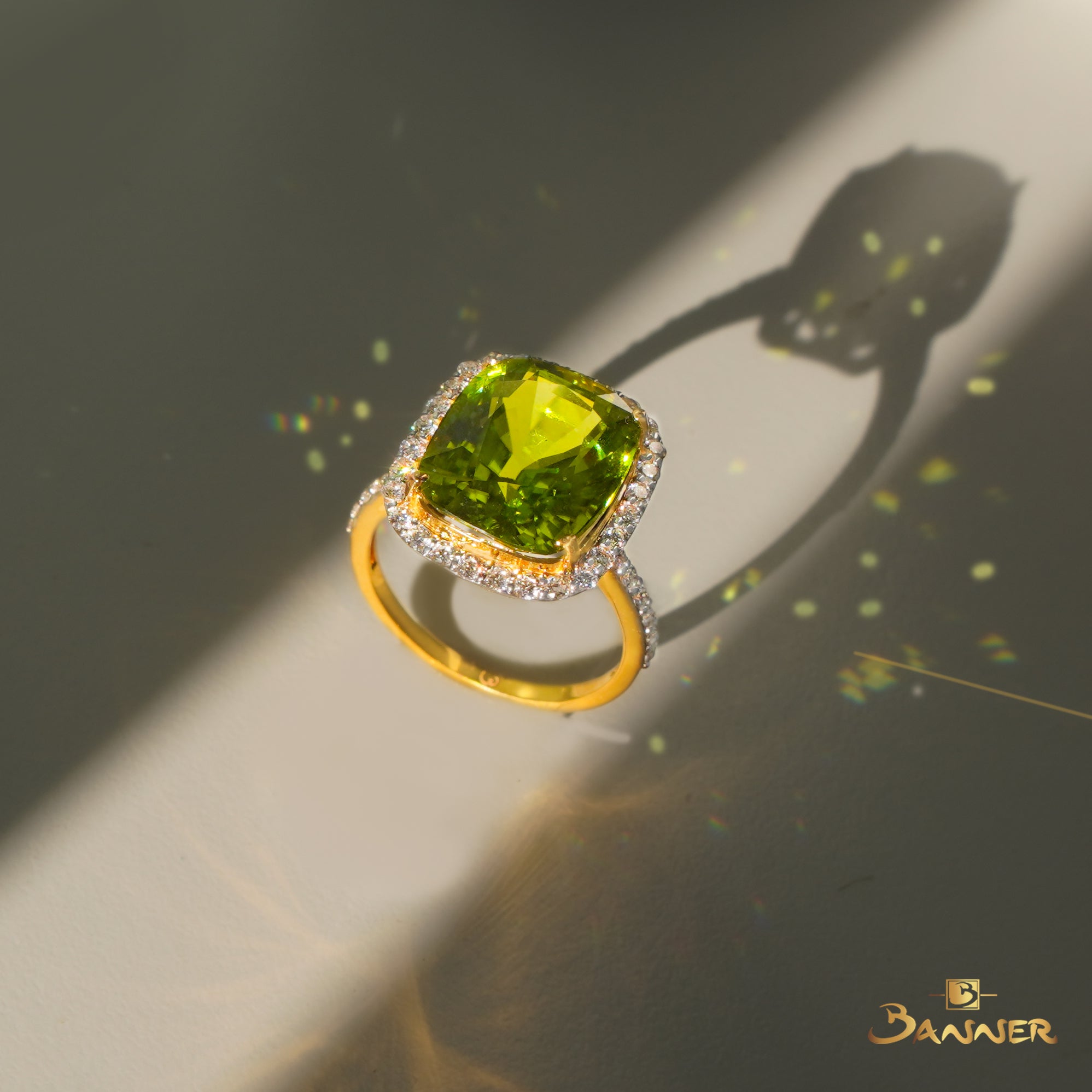 Peridot and Diamond Halo Ring