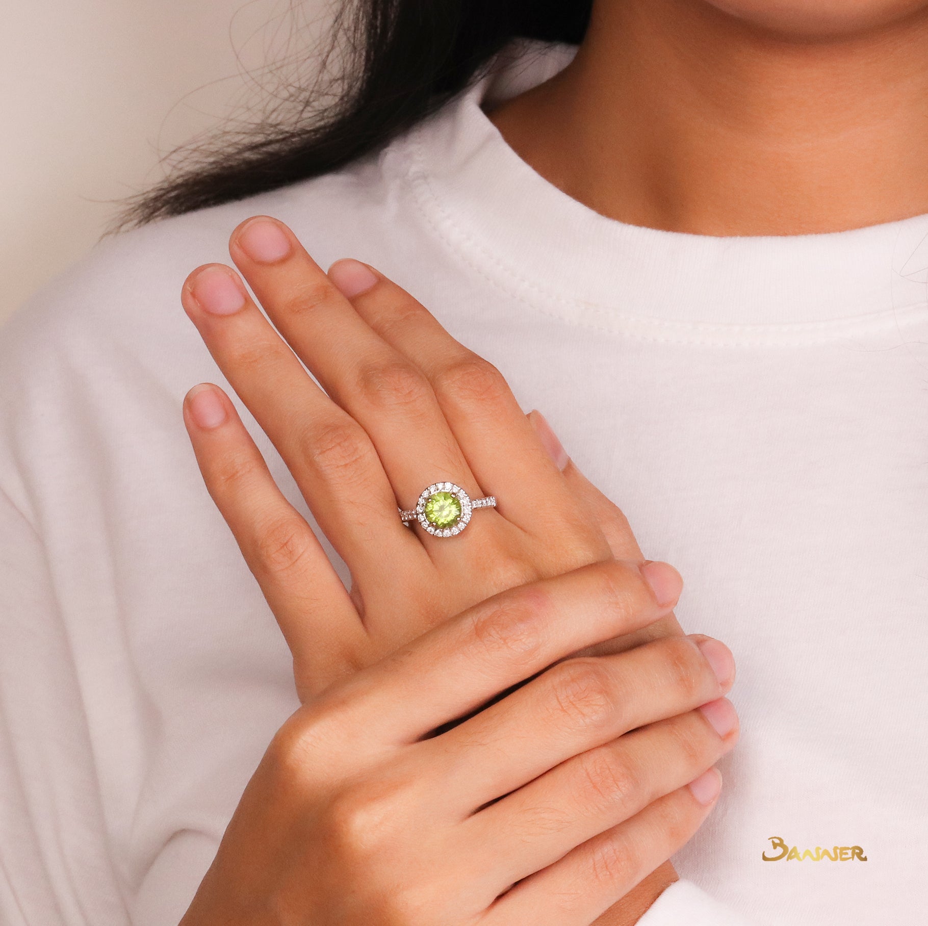 Peridot and Diamond Halo Ring