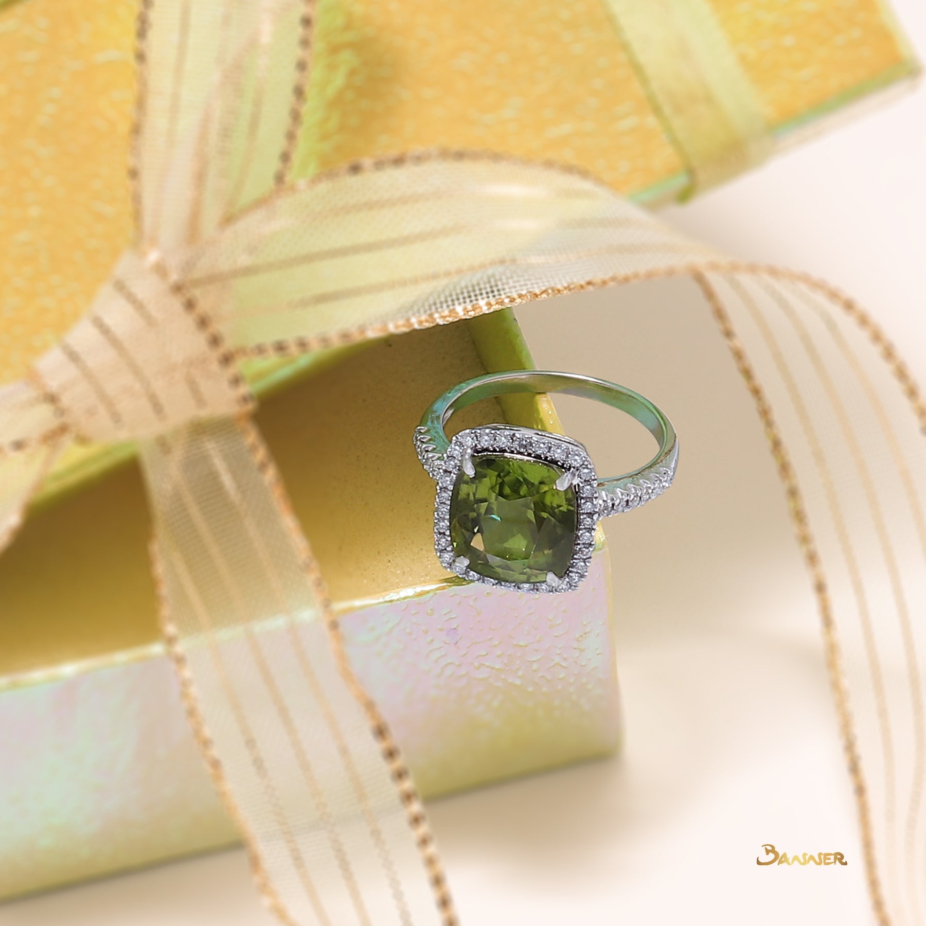 Peridot and Diamond Halo Ring