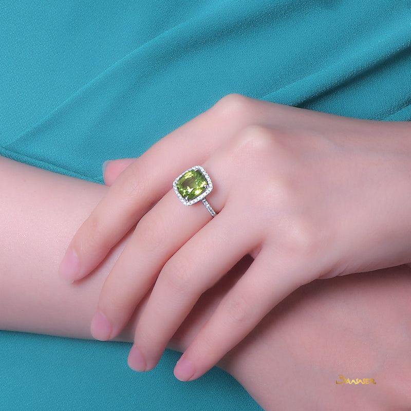 Peridot and Diamond Halo Ring