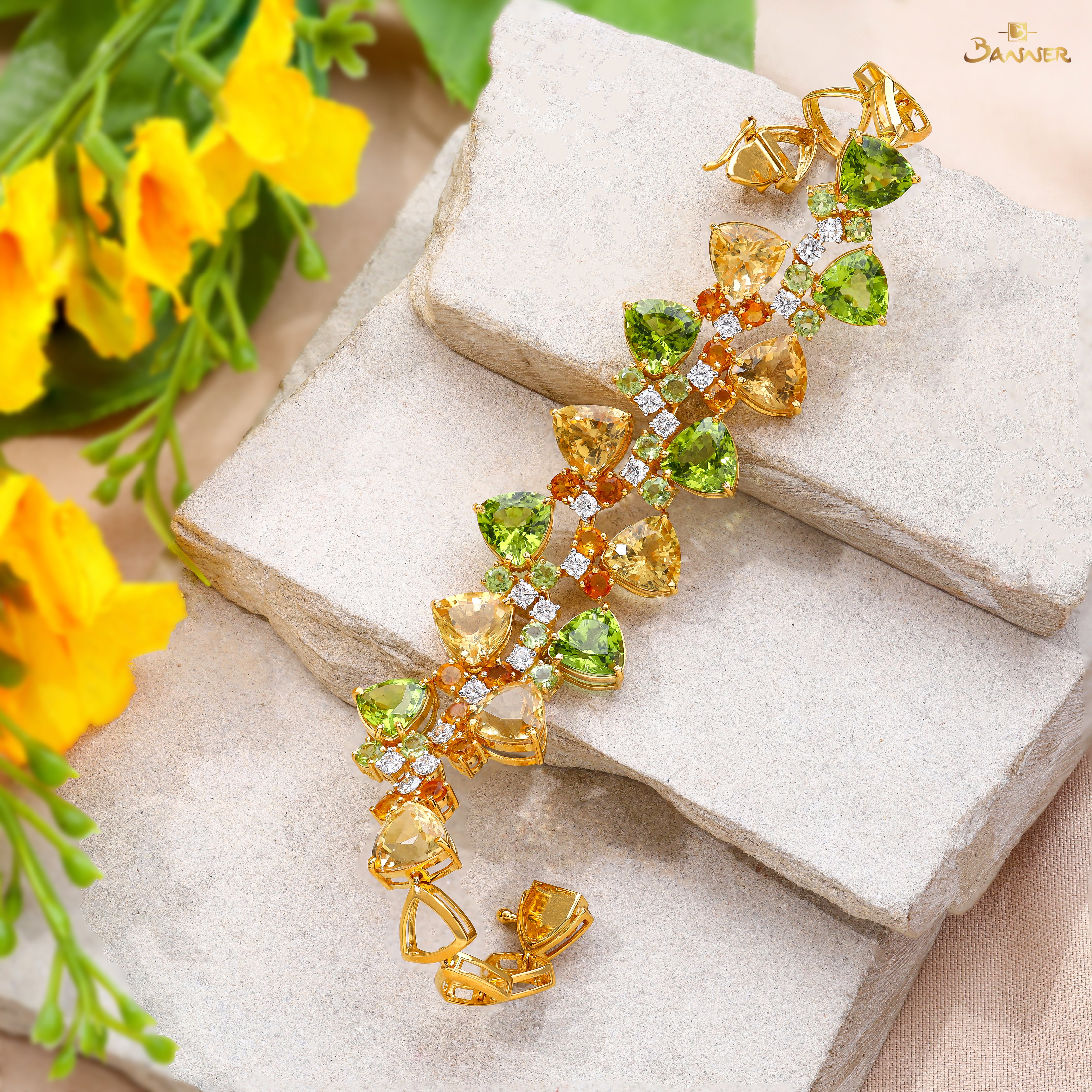Peridot , Citrine and Diamond Golden Padauk Bracelet