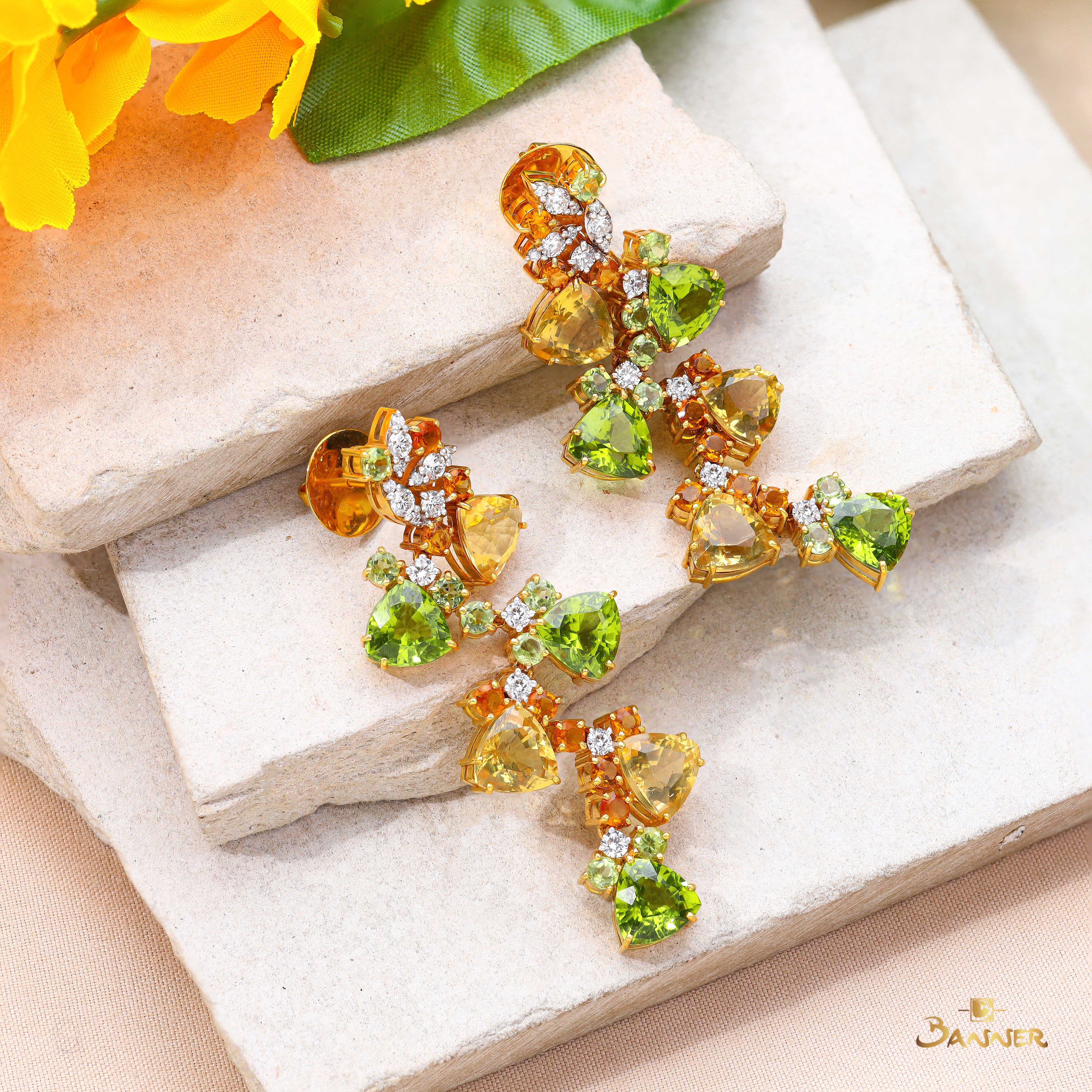 Peridot , Citrine and Diamond Golden Padauk Earrings