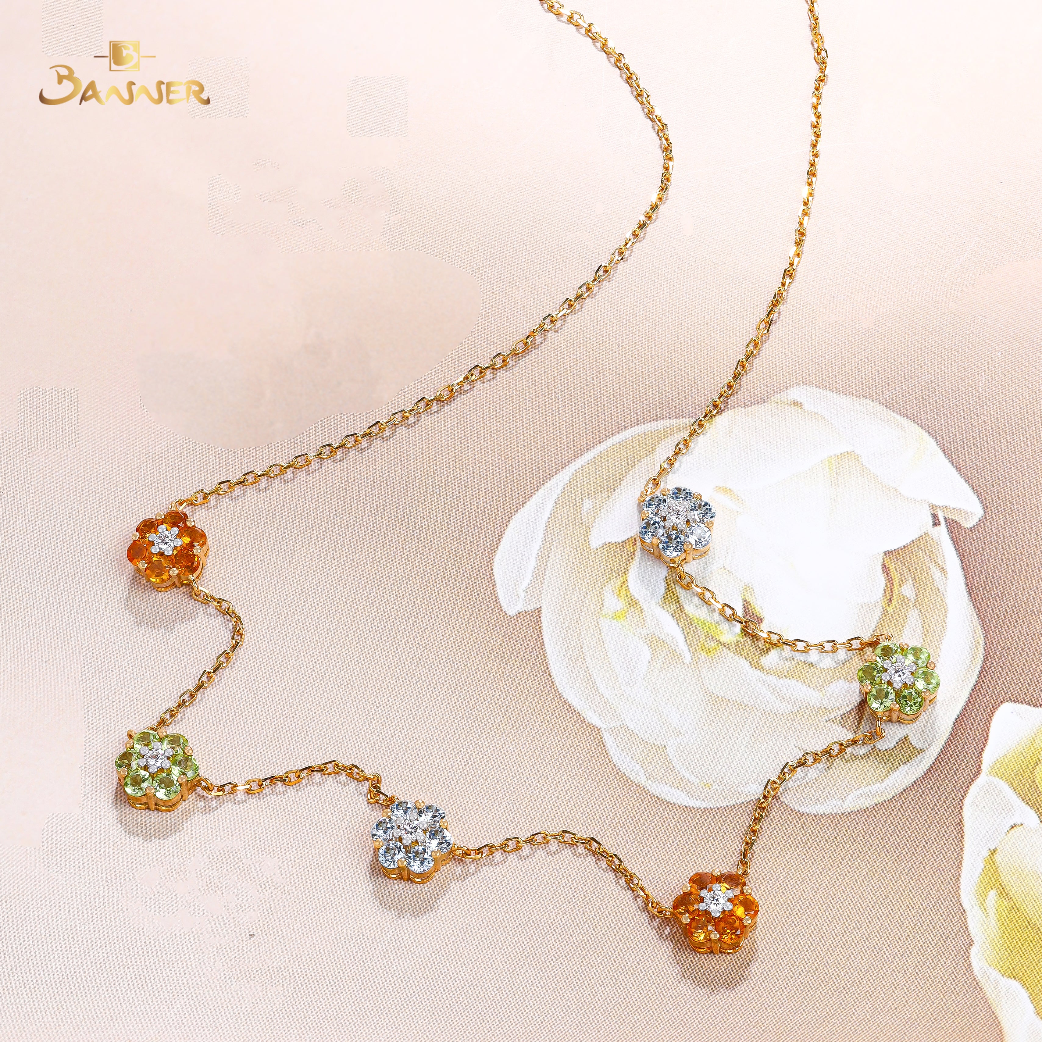 Peridot , Citrine , Blue Topaz and Diamond Floral Station Necklace