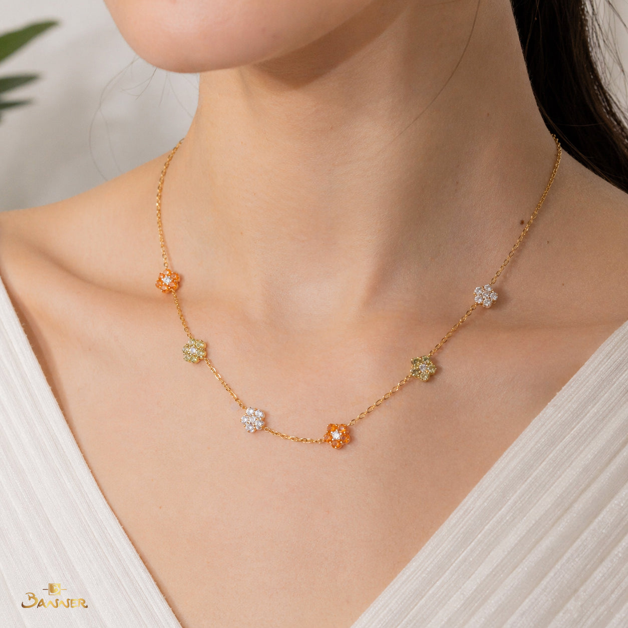 Peridot , Citrine , Blue Topaz and Diamond Floral Station Necklace