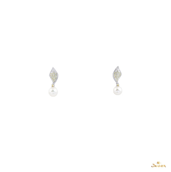 Pearl, Yellow Sapphire and Diamond Dangle Leaf Earrings