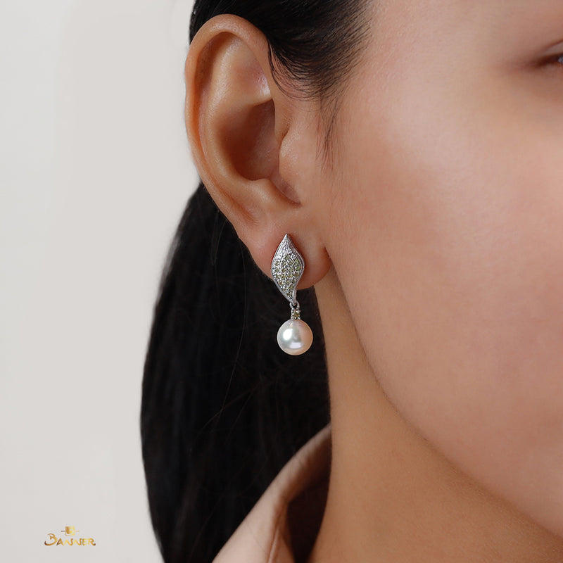 Pearl, Yellow Sapphire and Diamond Dangle Leaf Earrings