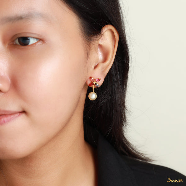 Pearl , Multi-Color Spinel Leaf Shape 2-way Earrings