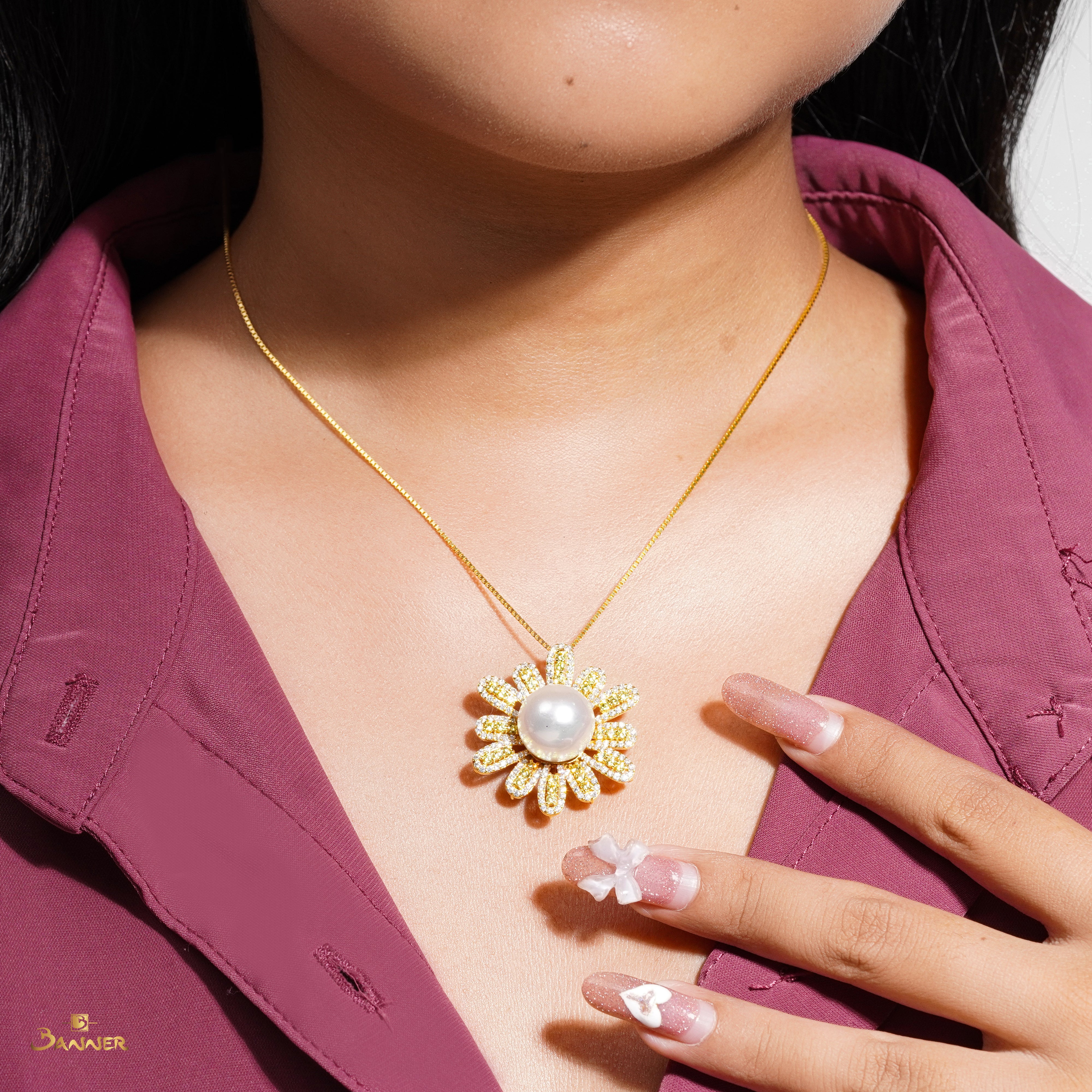 Pearl , Yellow Sapphire and Diamond Daisy 2-ways Ring / Pendant