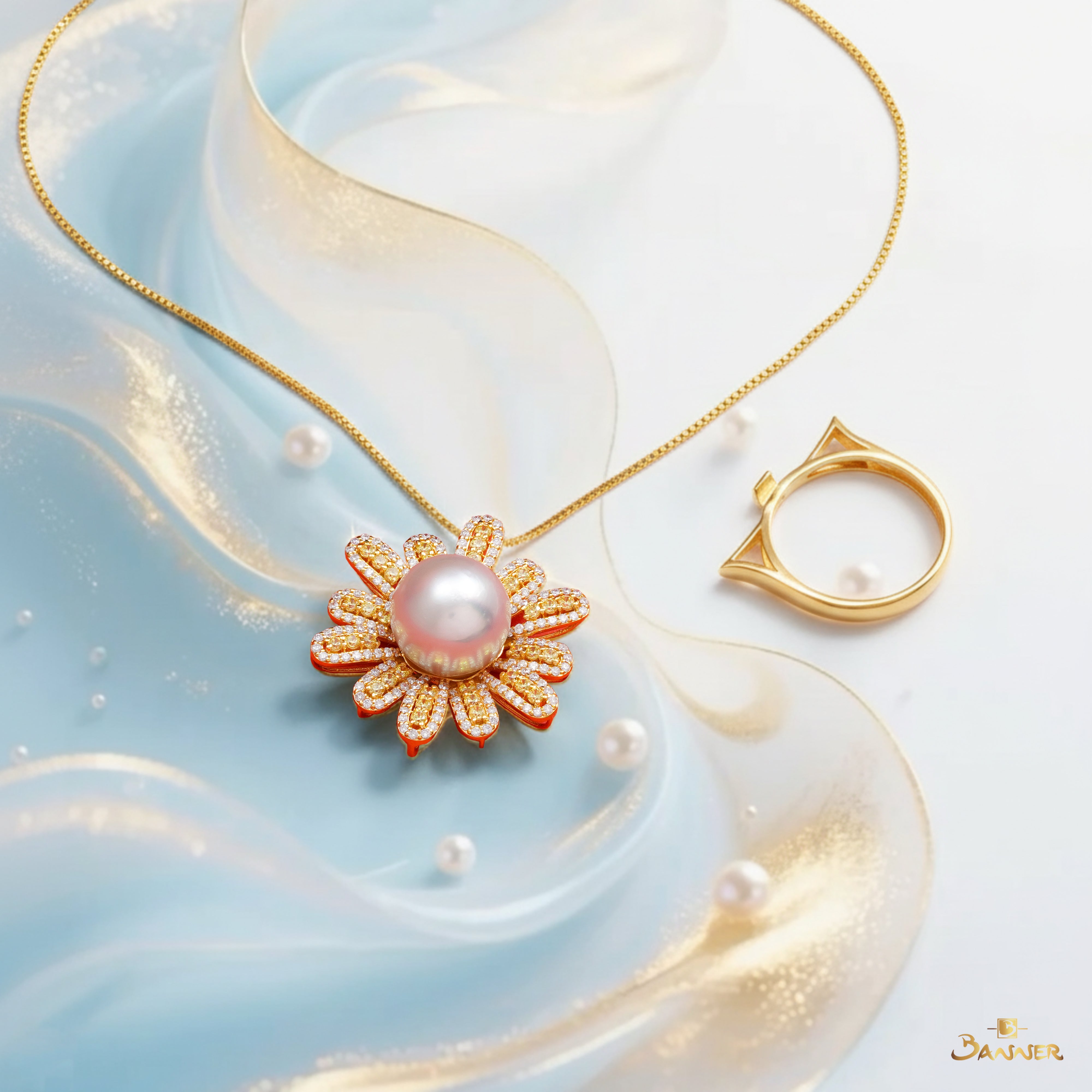 Pearl , Yellow Sapphire and Diamond Daisy 2-ways Ring / Pendant