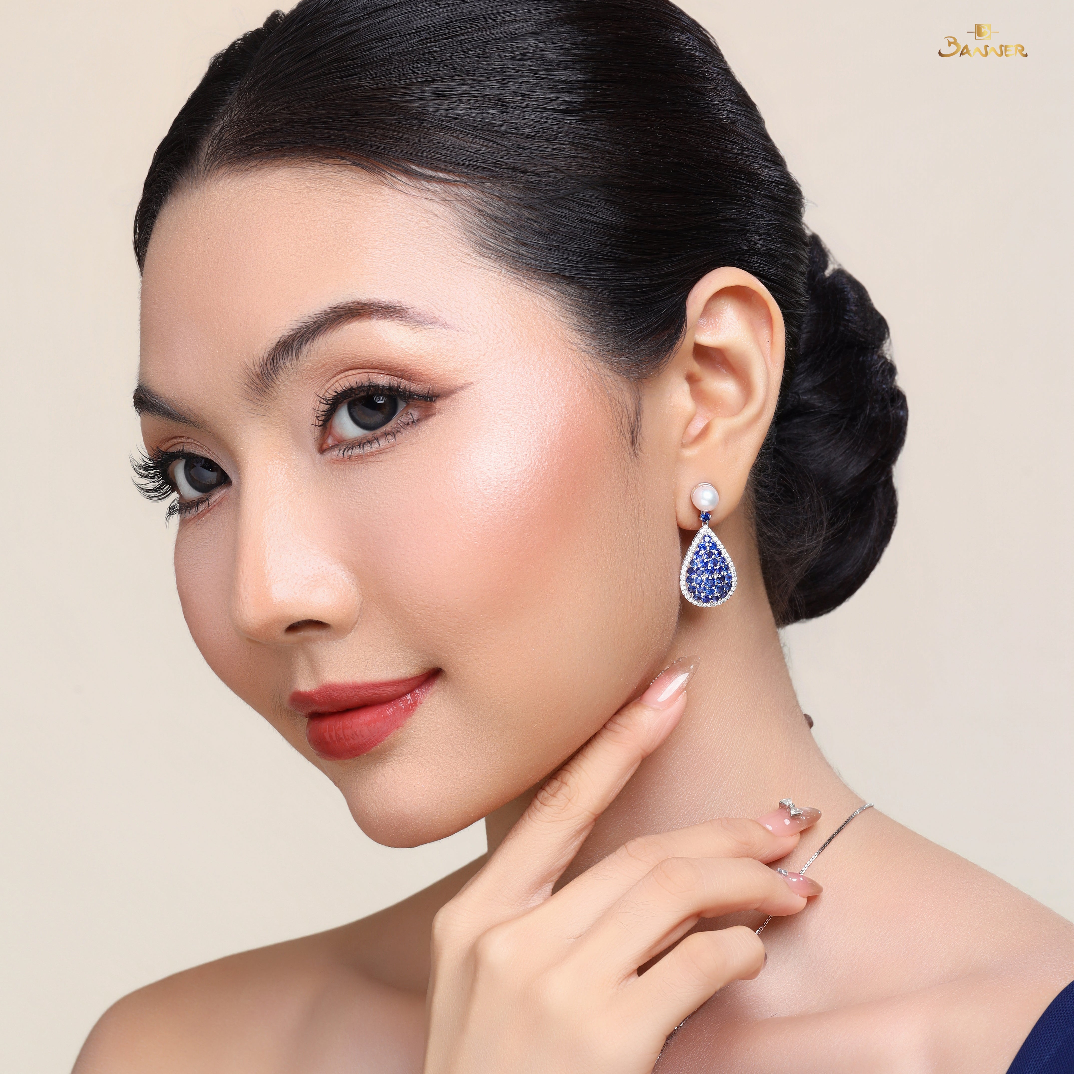 Pearl , Sapphire and Diamond Drop Earrings
