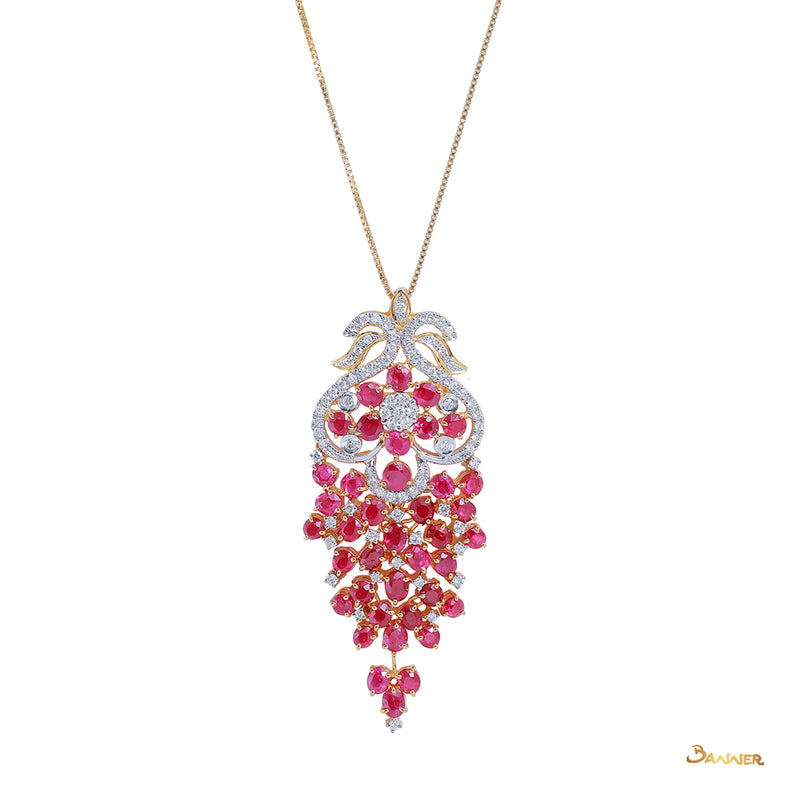 Ruby and Diamond Floral Brooch /Pendant