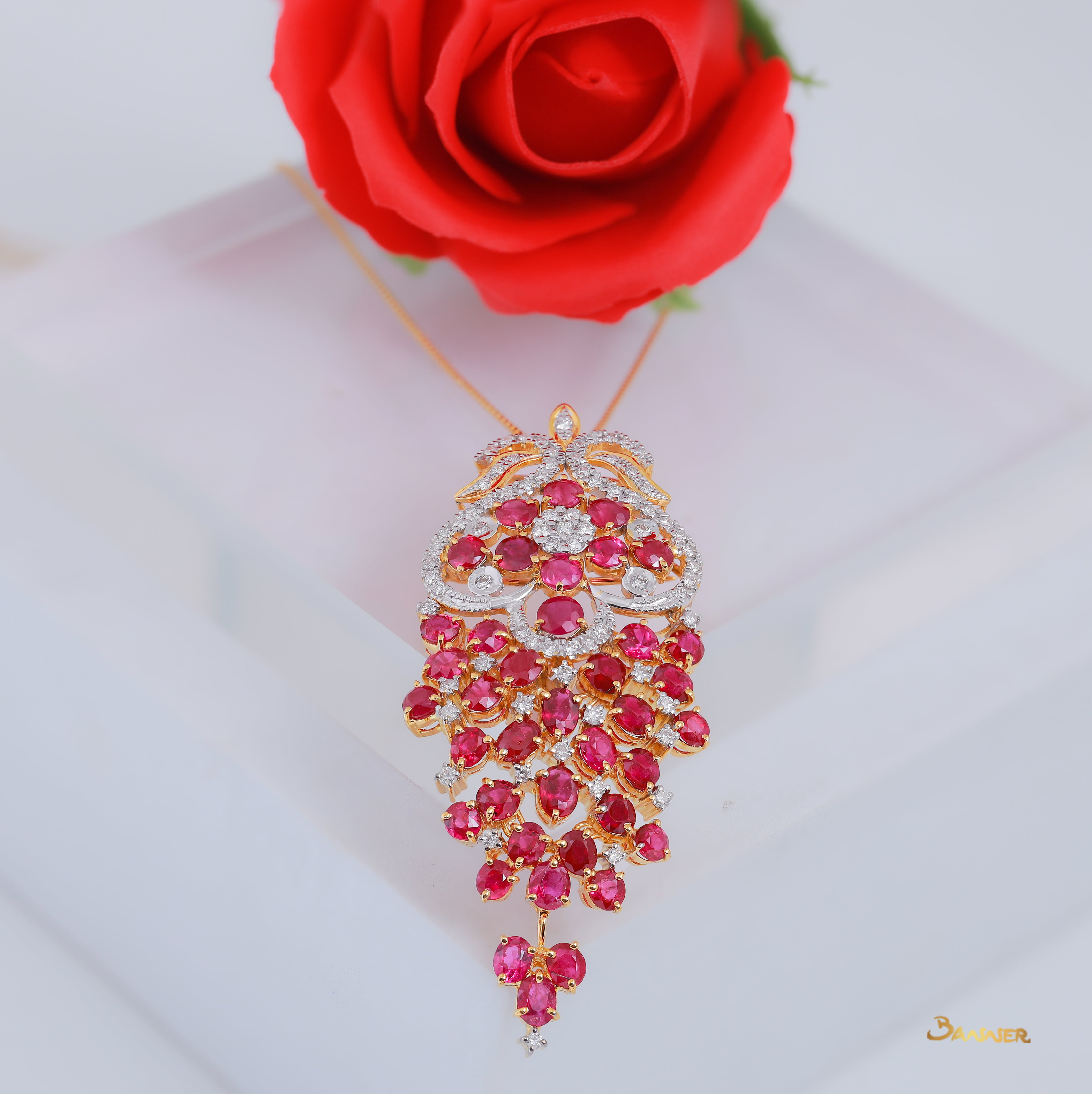 Ruby and Diamond Floral Brooch /Pendant