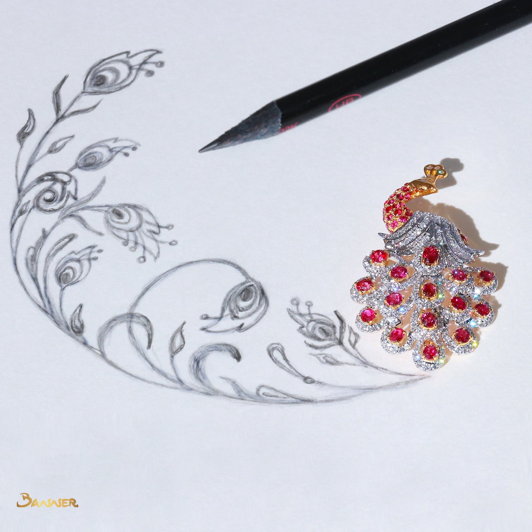 Ruby and Diamond Peacock Brooch