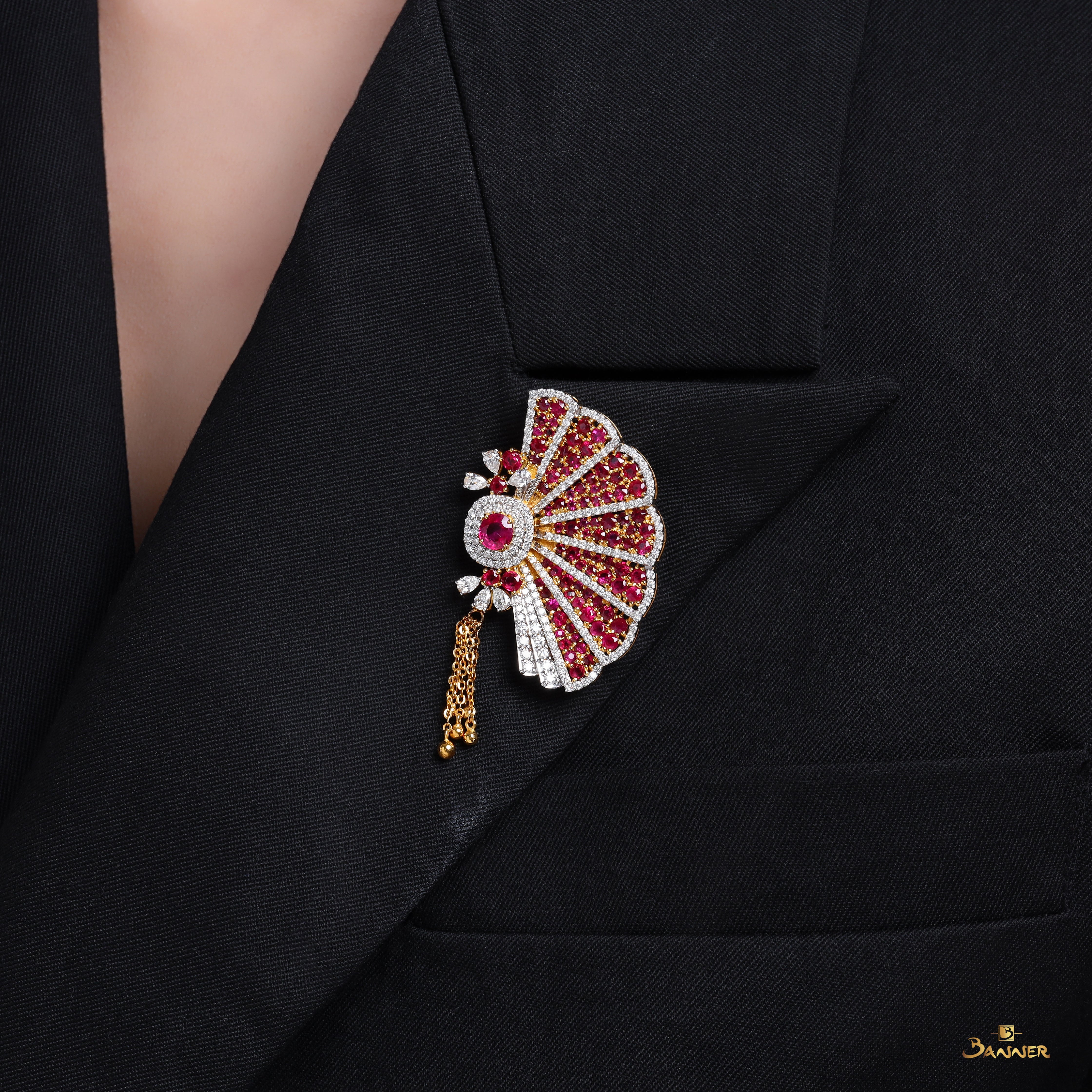 Ruby and Diamond Fan Brooch