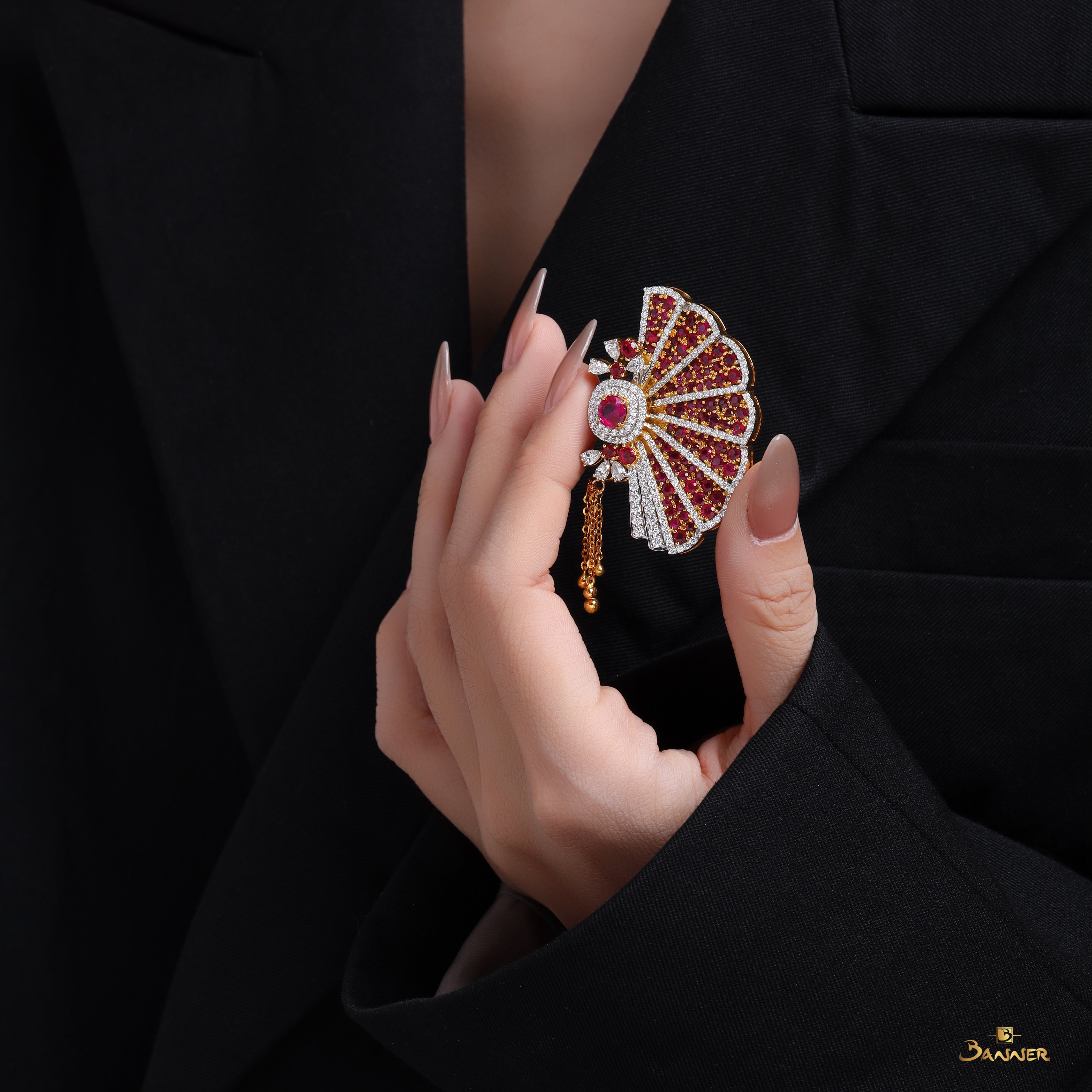 Ruby and Diamond Fan Brooch