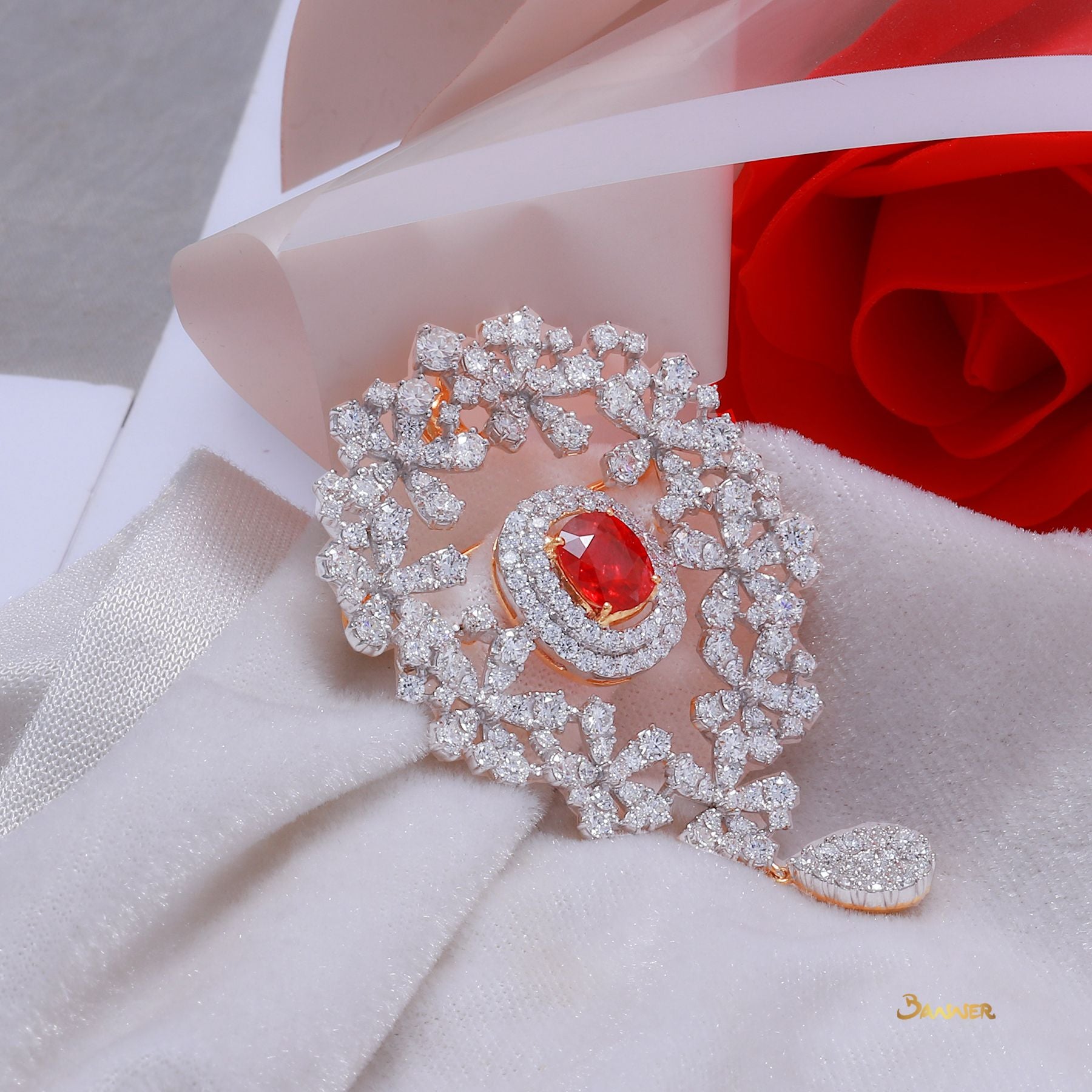 Ruby and Diamond Floral Brooch