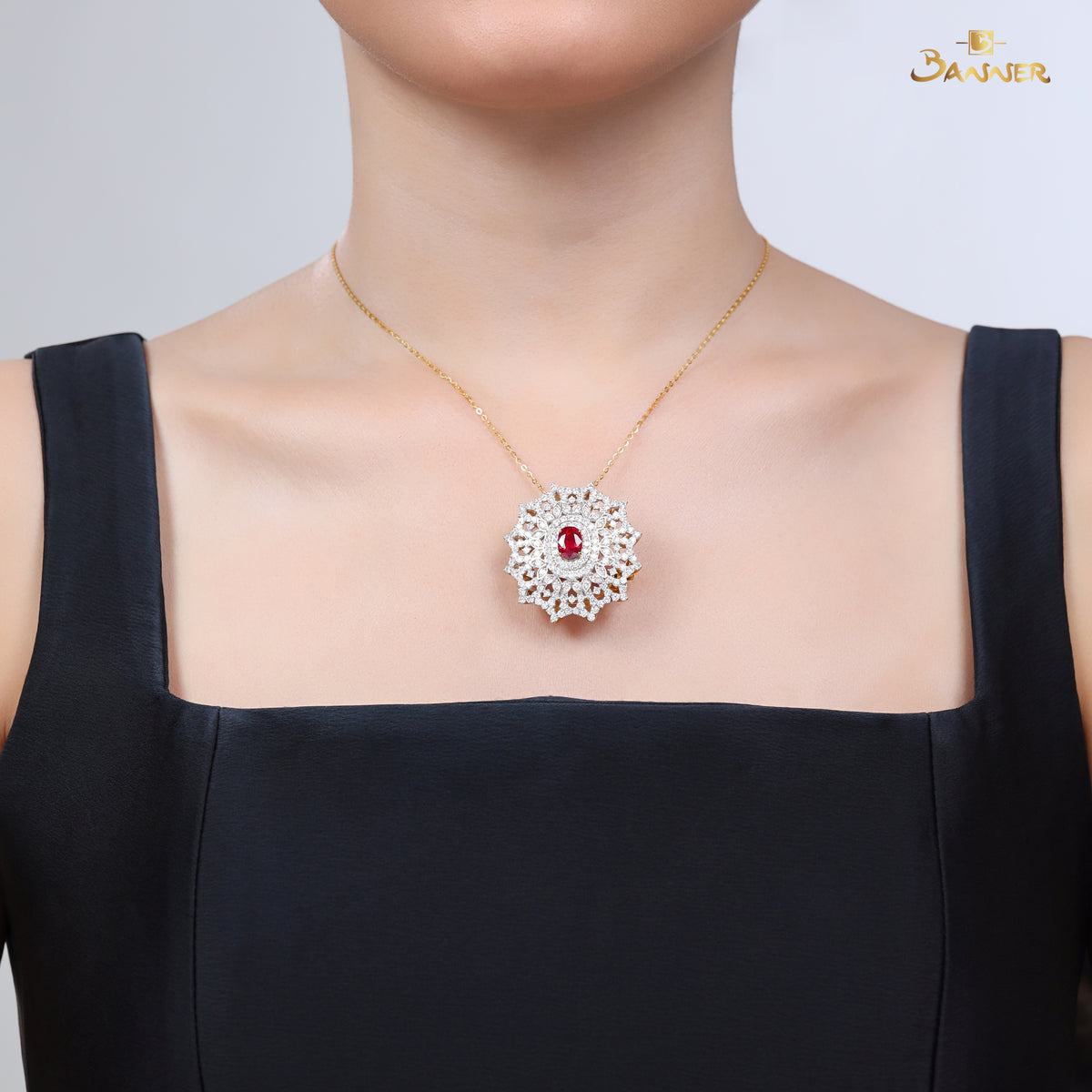 Natural Ruby and Diamond Floral Brooch / Pendant