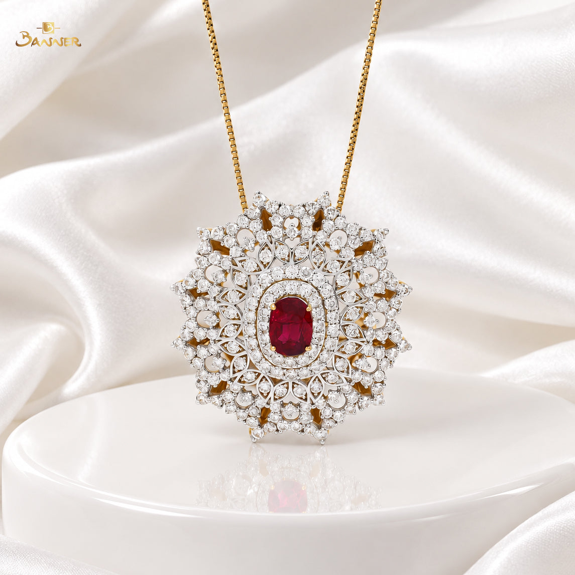 Natural Ruby and Diamond Floral Brooch / Pendant