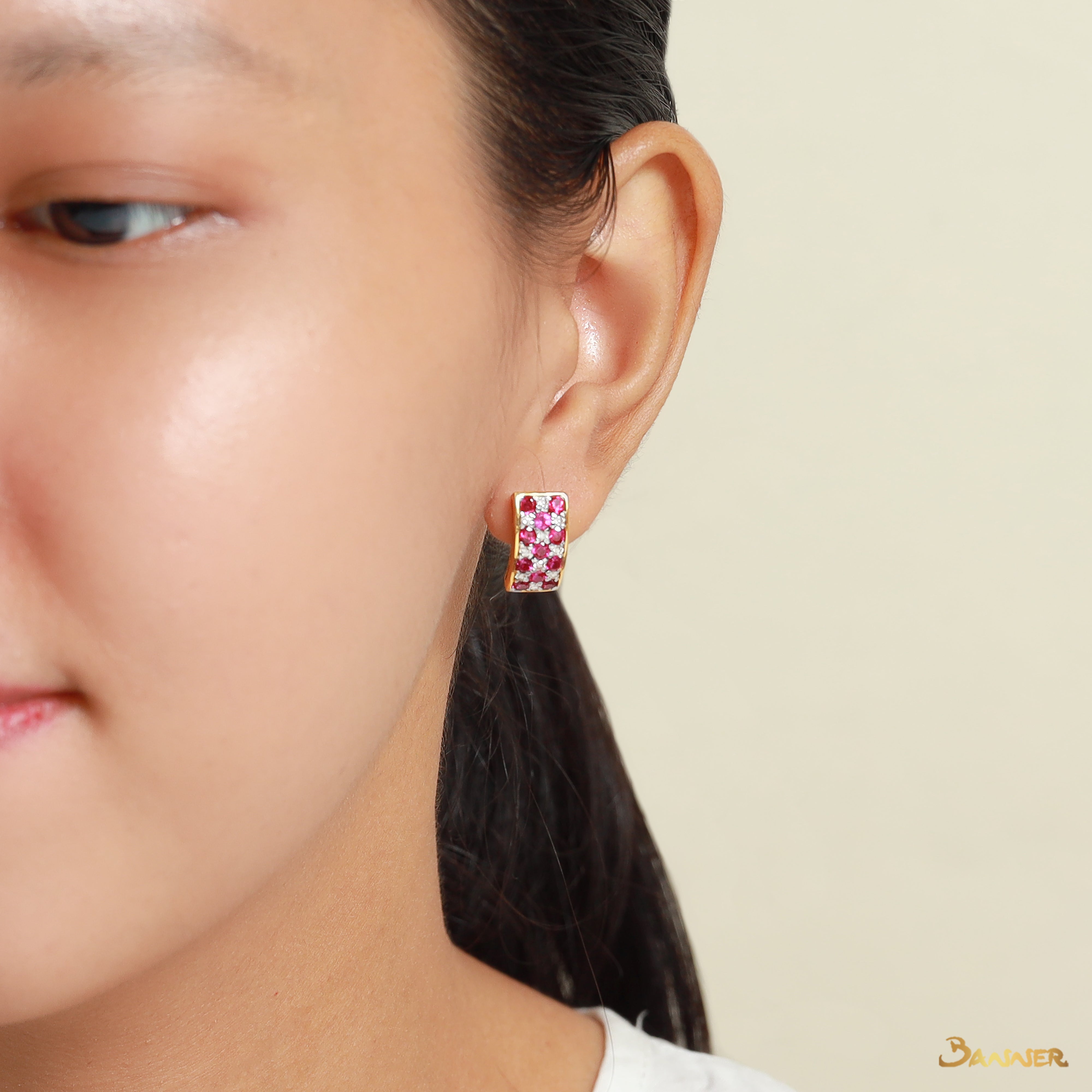 Ruby and Diamond Checkered Stud Earrings