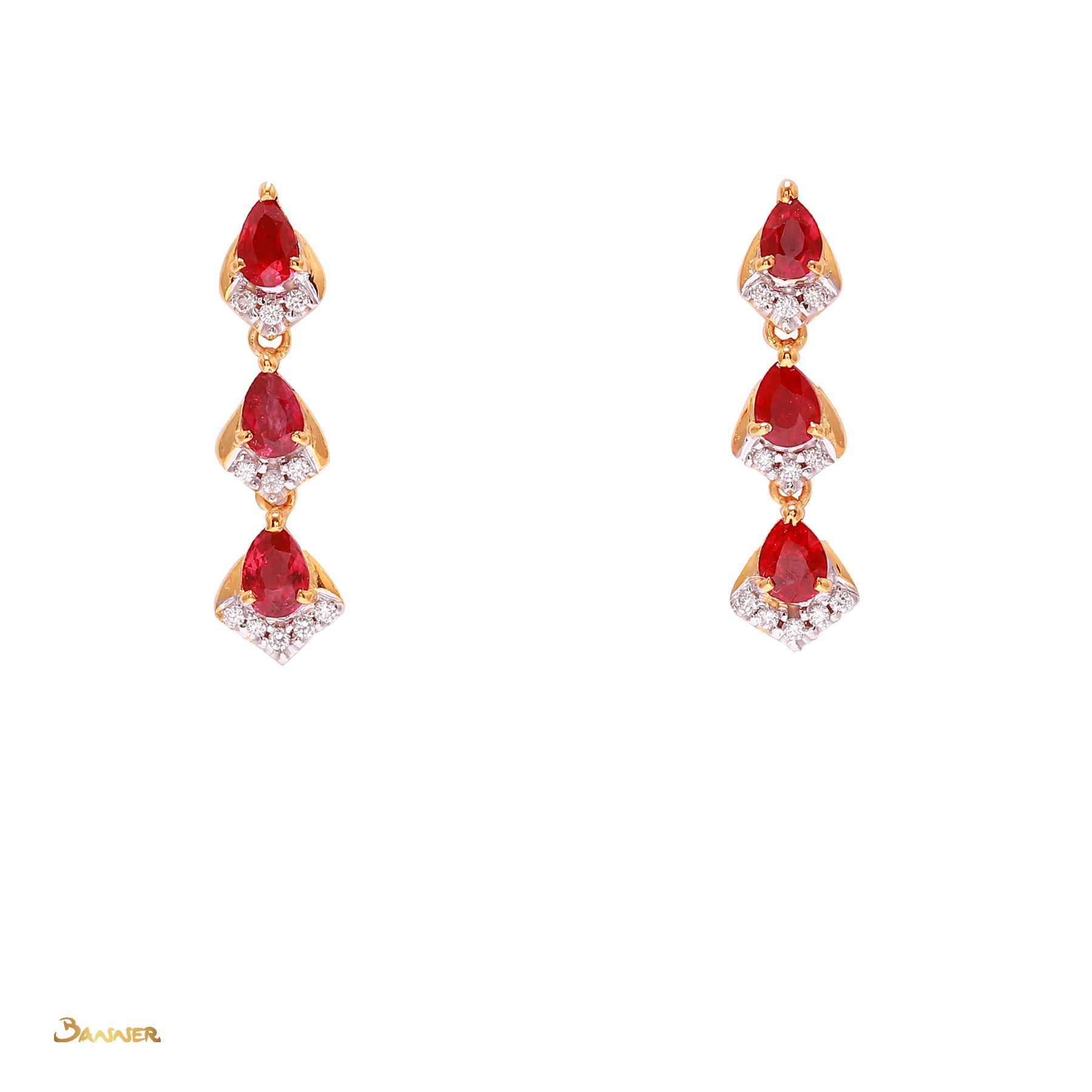 Pear-shaped Ruby and Diamond 3-step Earrings