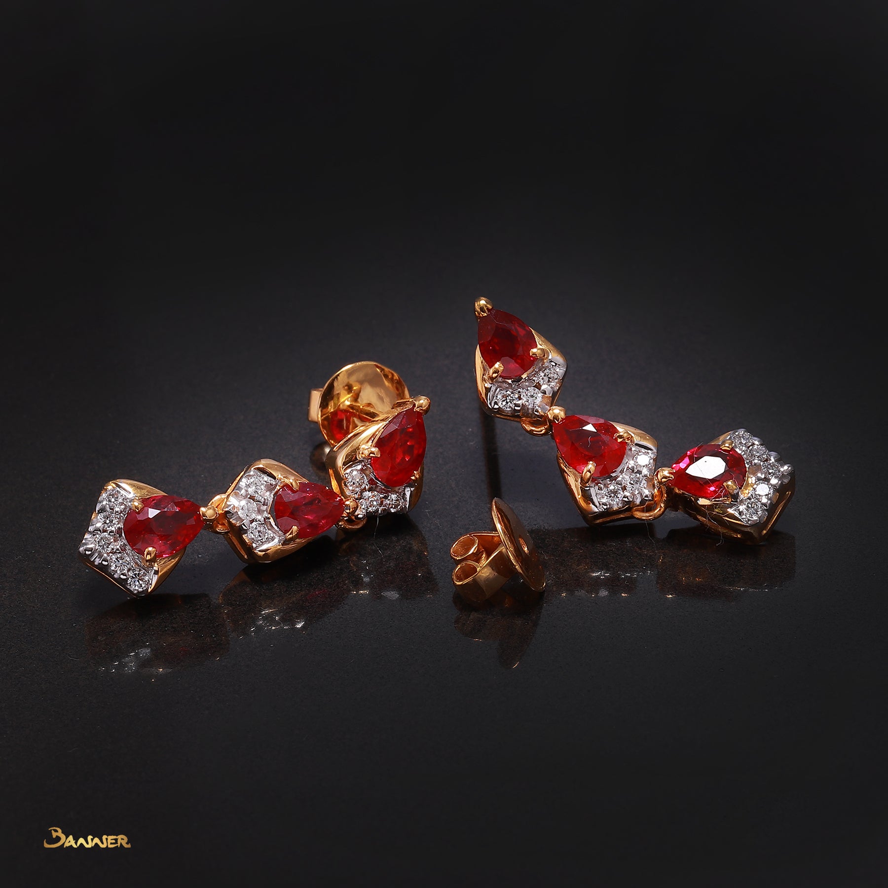 Pear-shaped Ruby and Diamond 3-step Earrings