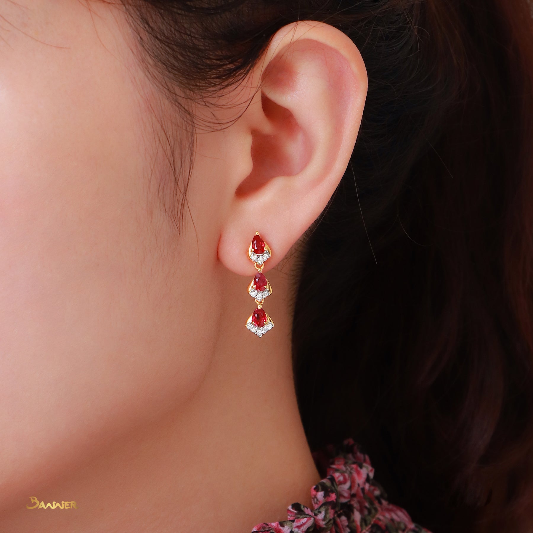 Pear-shaped Ruby and Diamond 3-step Earrings