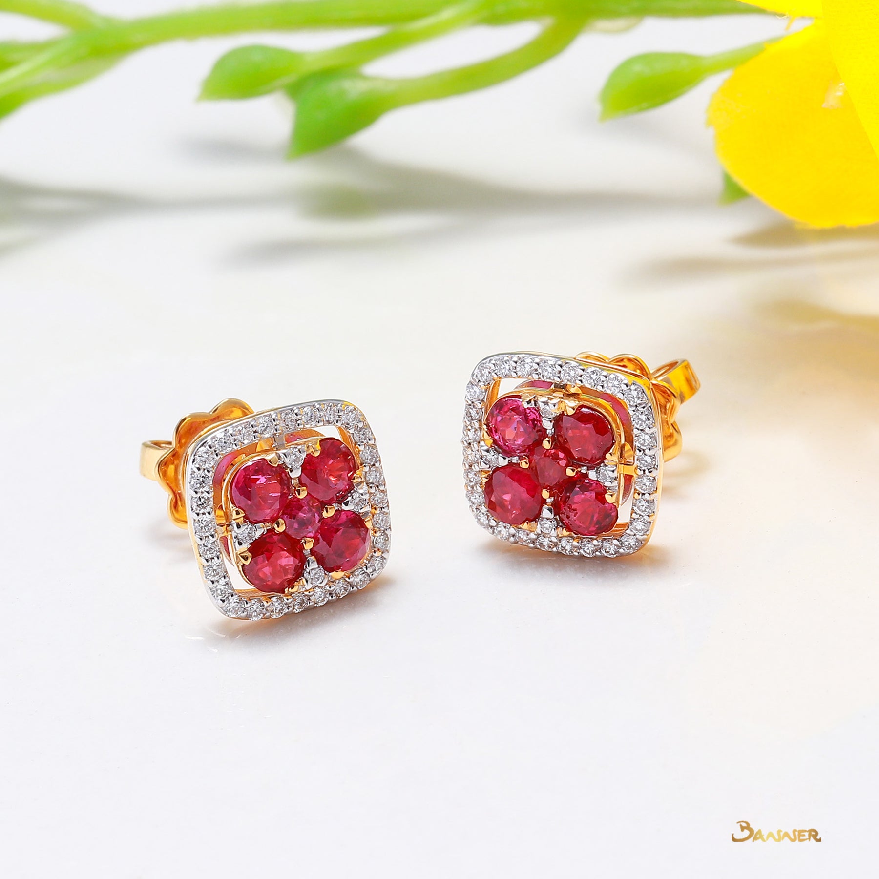 Ruby and Diamond Flower Earrings