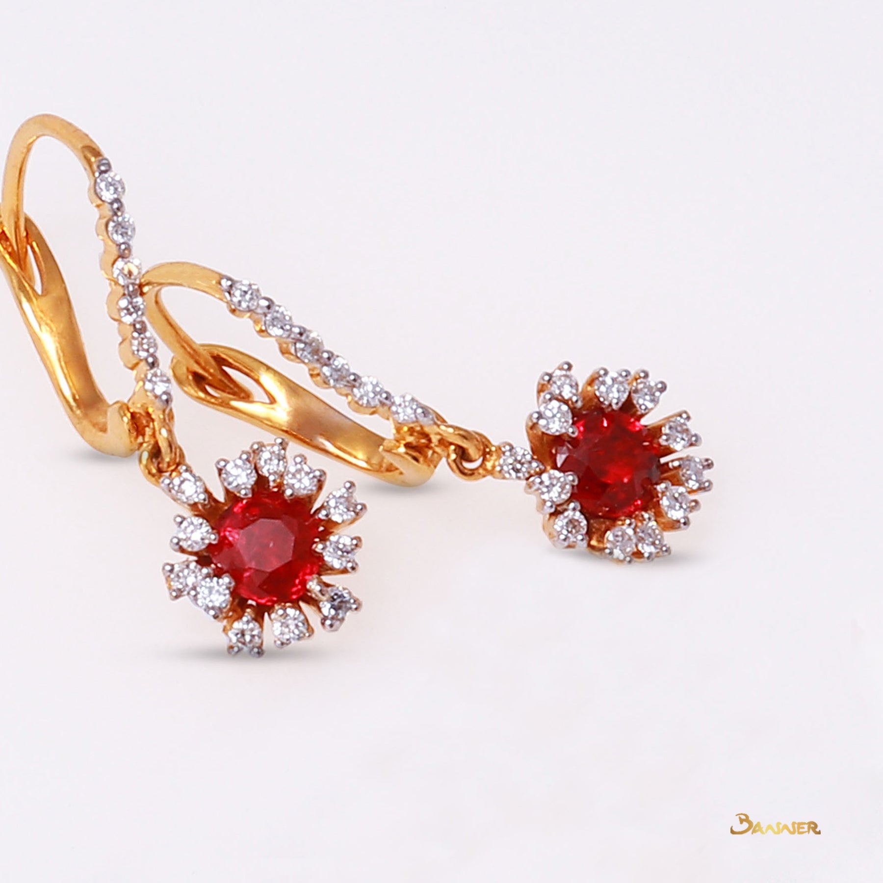 Ruby and Diamond Rose Dangle Earrings