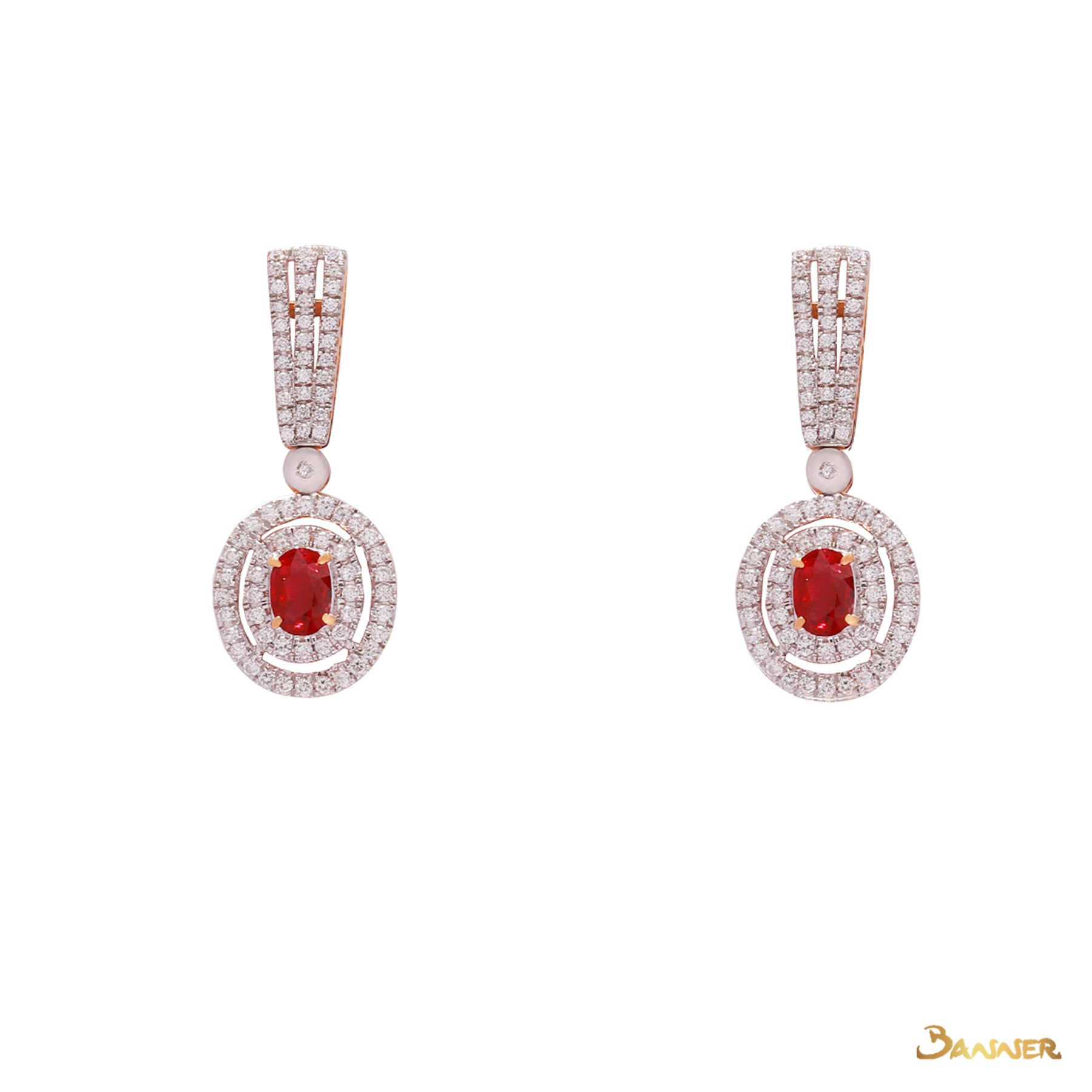 Ruby and Diamond Halo Dangling Earrings