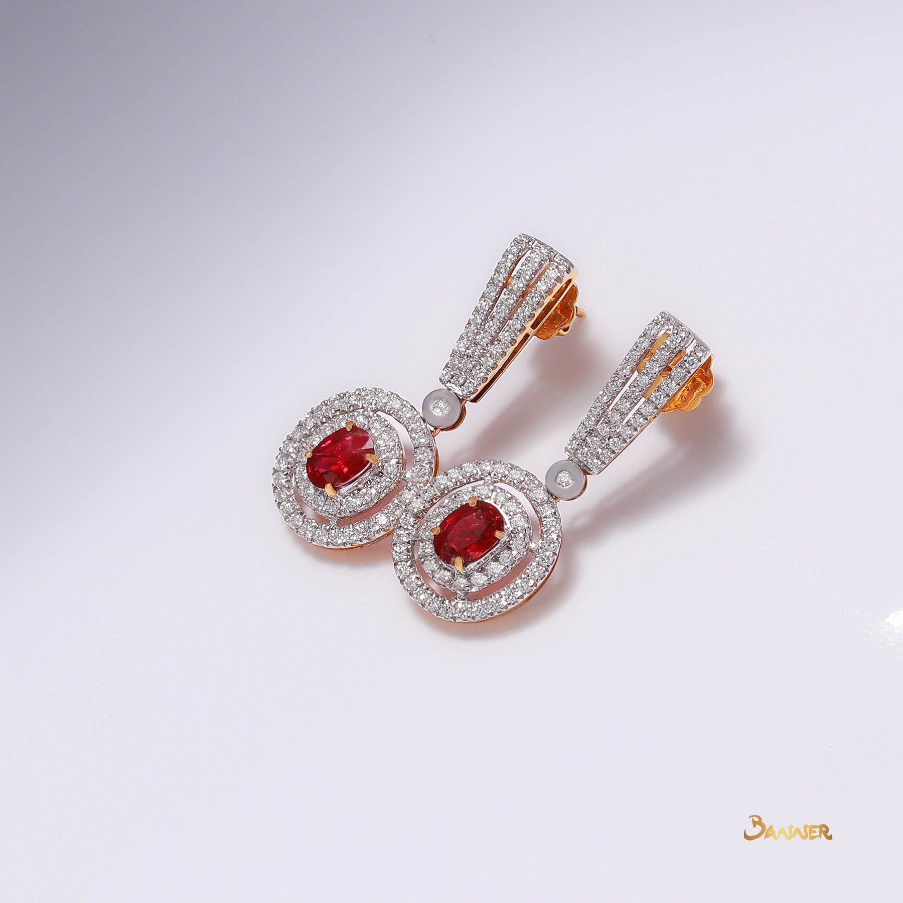 Ruby and Diamond Halo Dangling Earrings