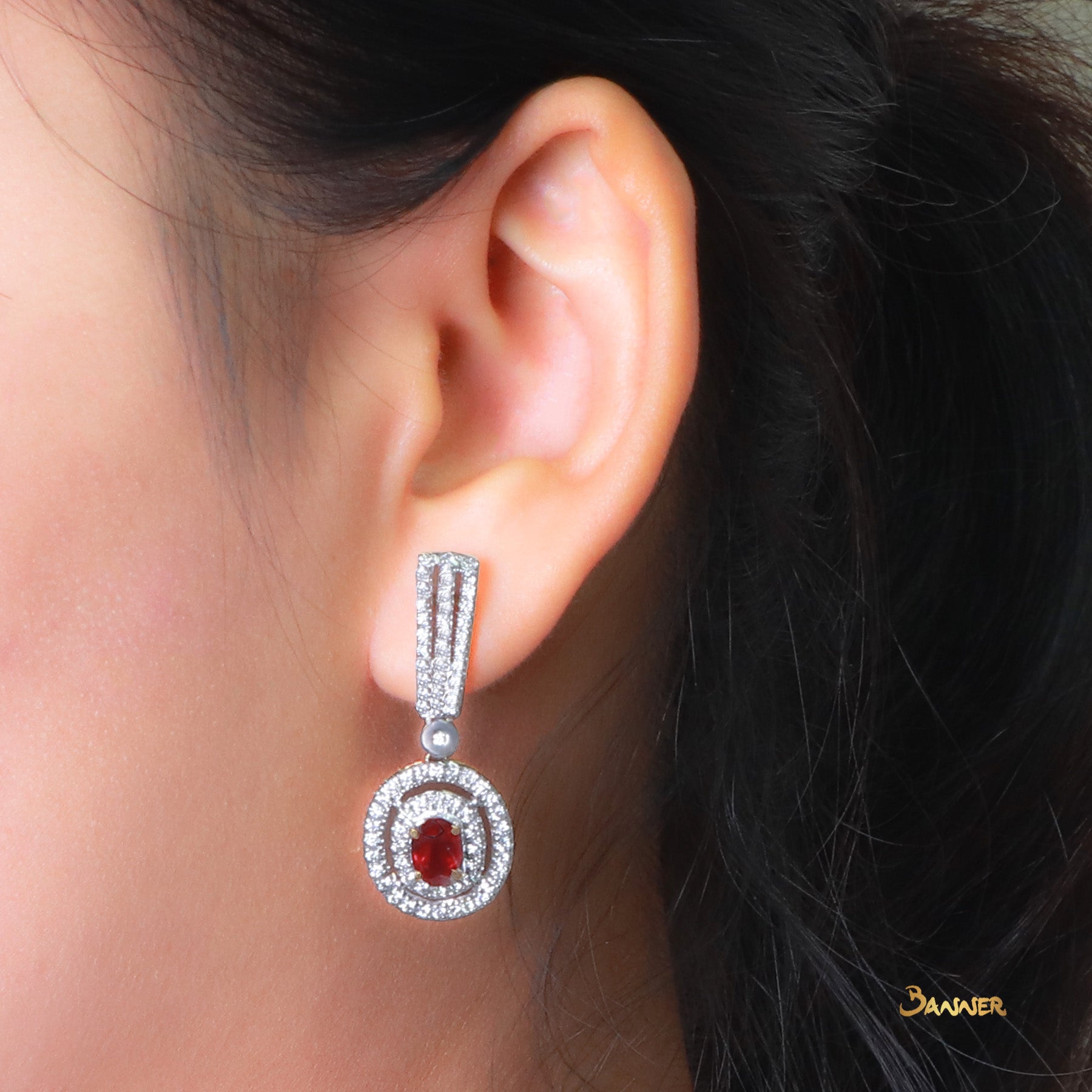 Ruby and Diamond Halo Dangling Earrings