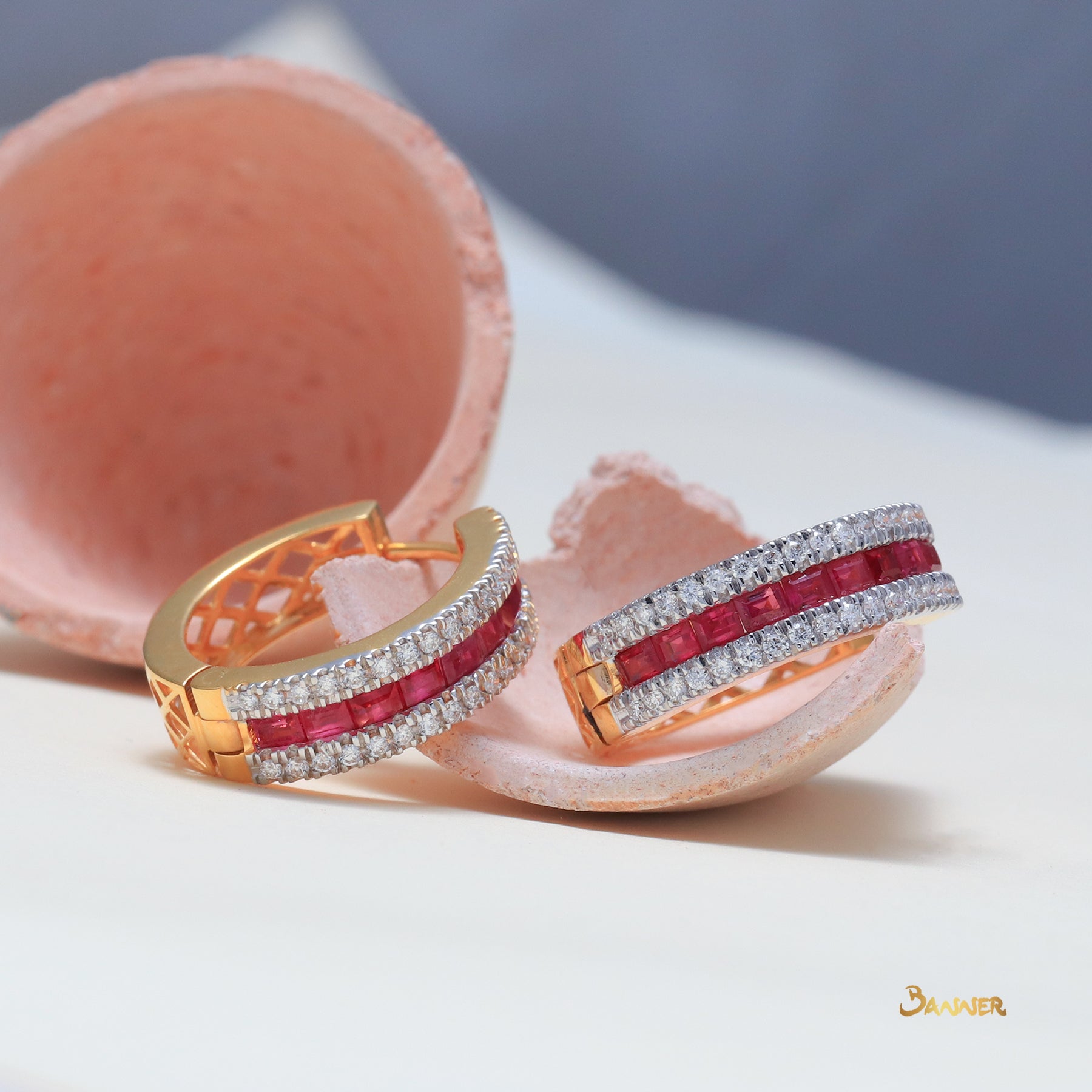 Emerald-cut Ruby and Diamond 2 Rows Set