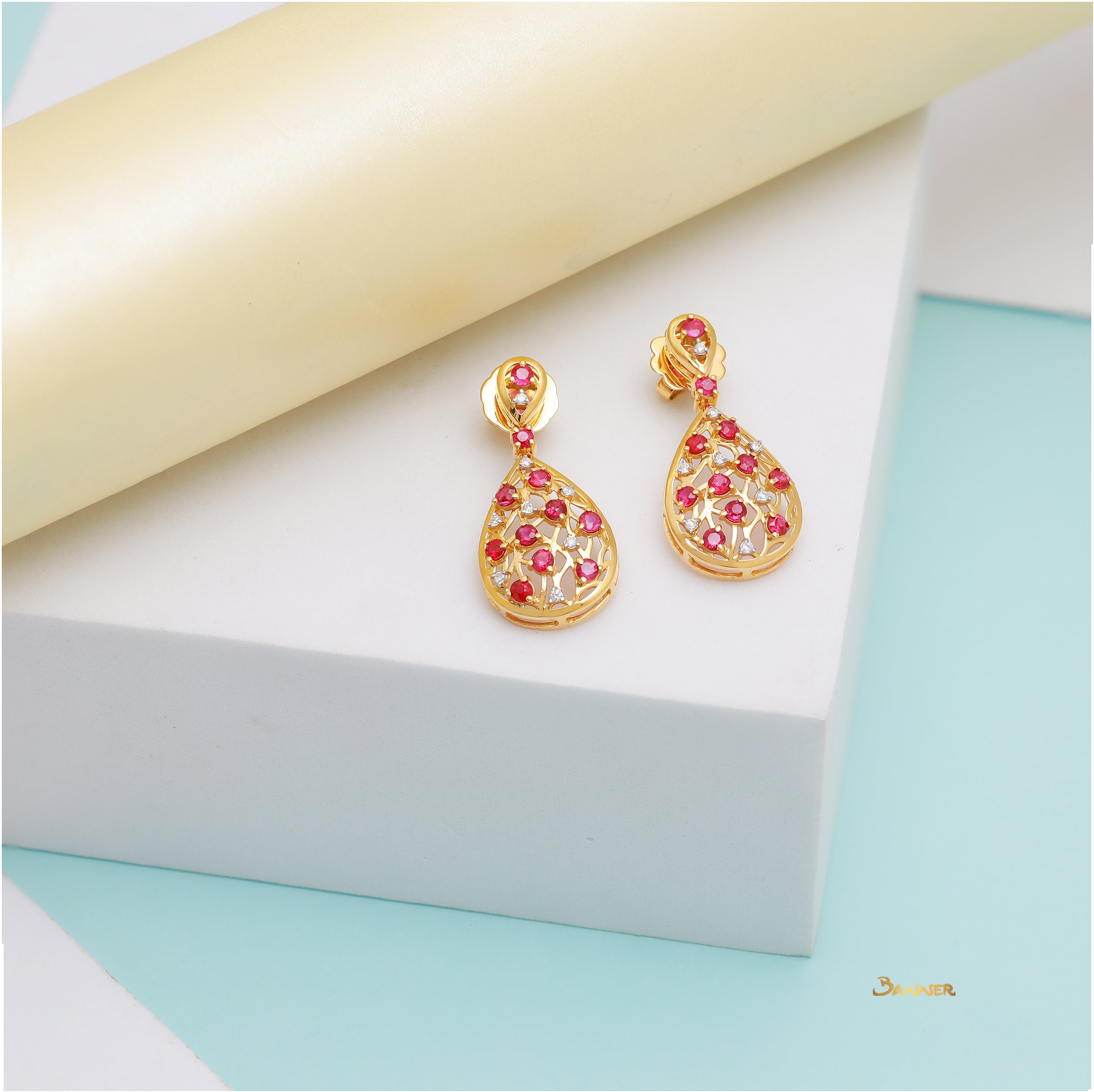 Ruby and Diamond Rain-drop Earrings