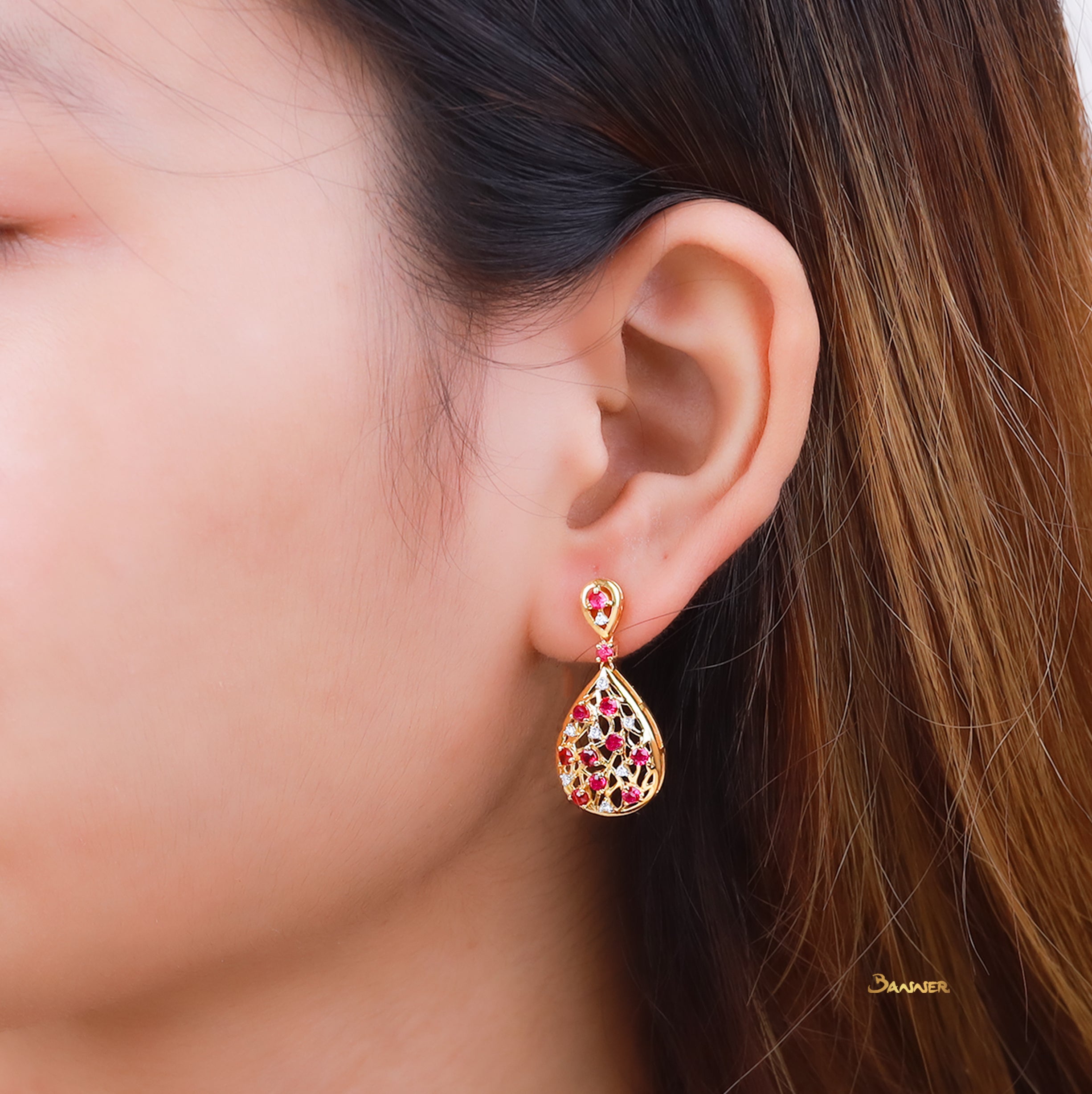 Ruby and Diamond Rain-drop Earrings