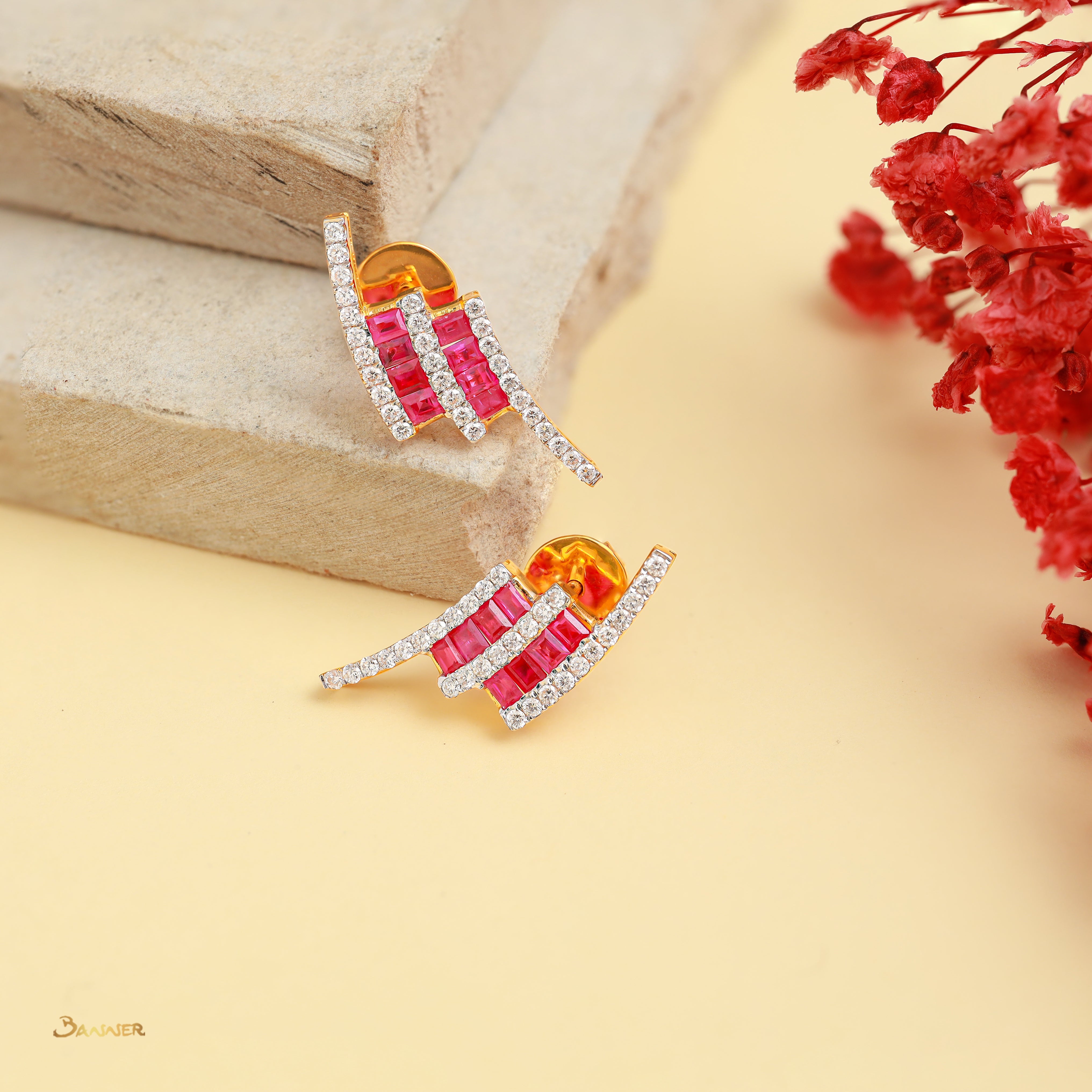 Ruby Emerald-cut and Diamond Double Bypass Earrings