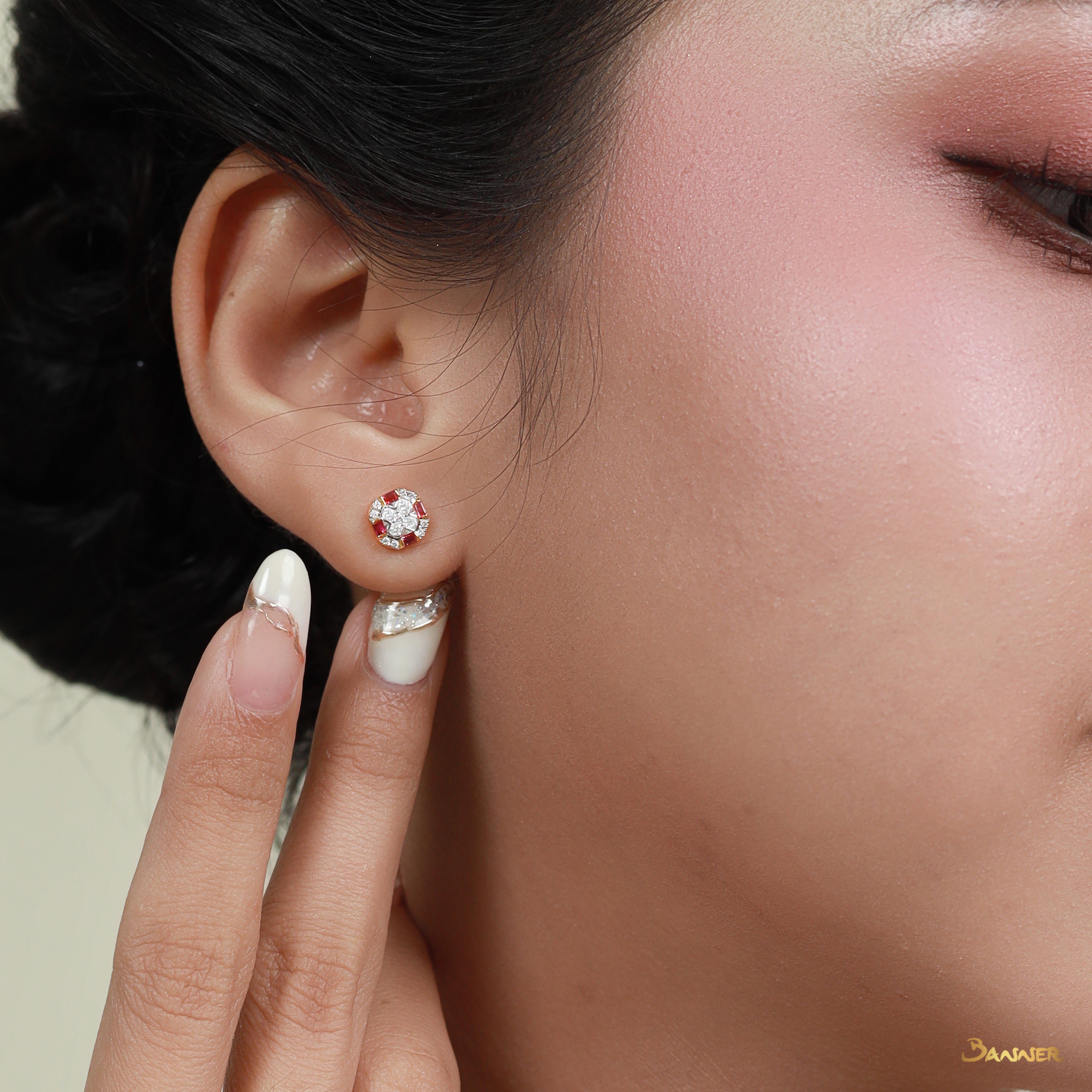 Emerald-cut Ruby and Diamond Checkered Earrings